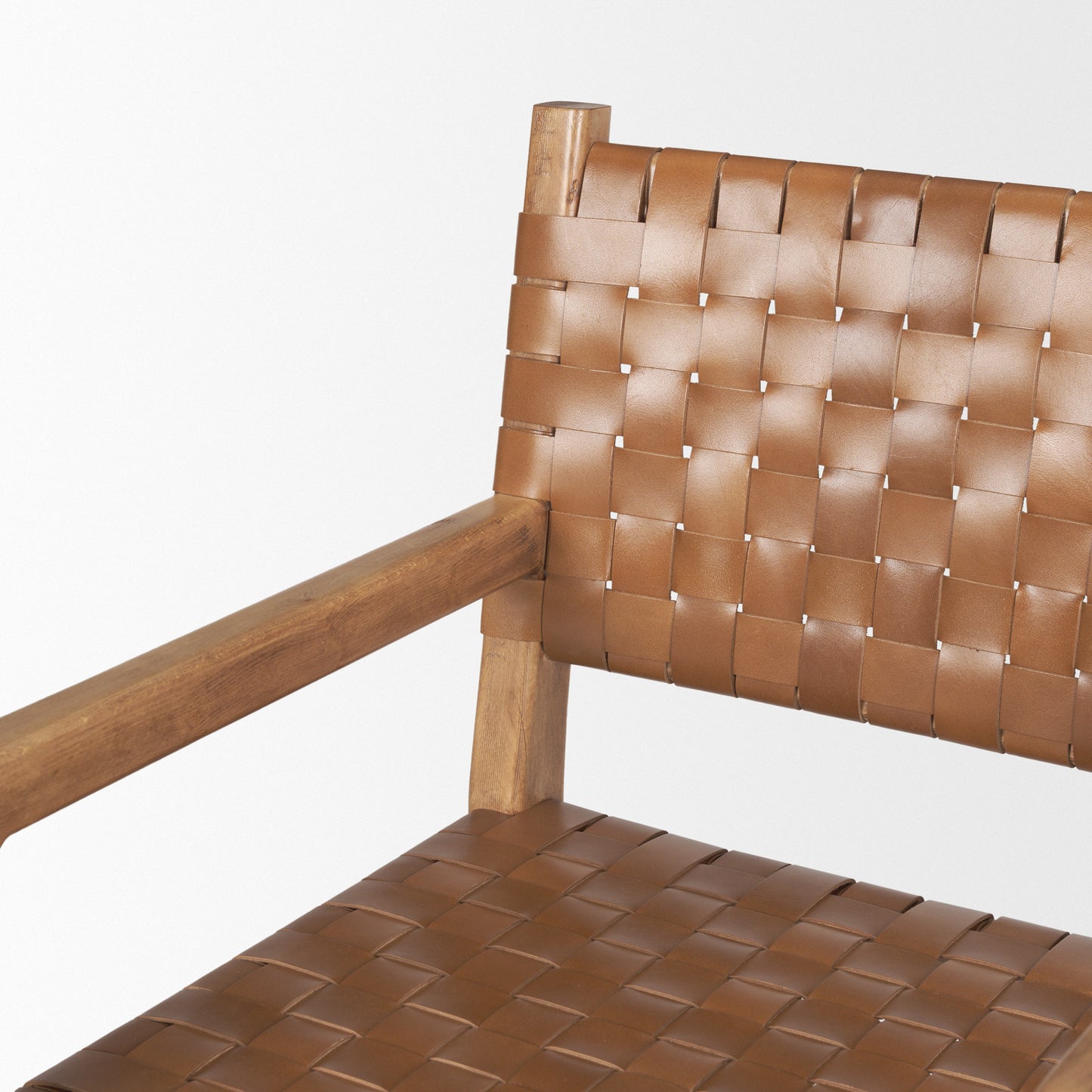 Shane Brown Wood Dining Armchair with Woven Brown Leather Seat and Back