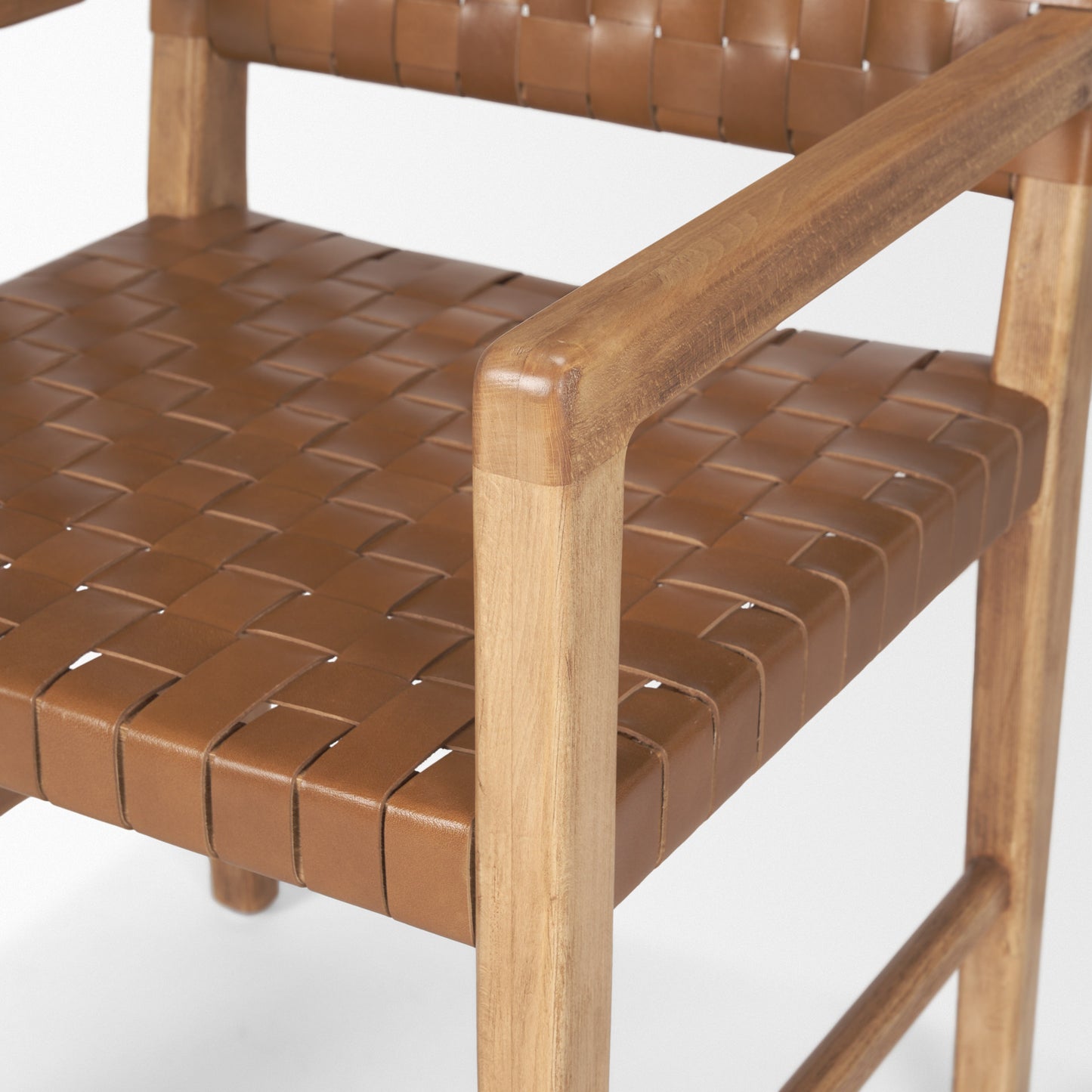 Shane Brown Wood Dining Armchair with Woven Brown Leather Seat and Back