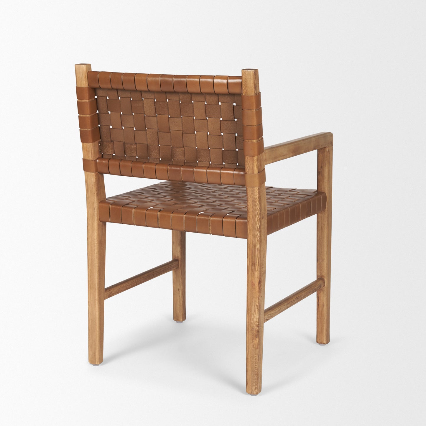 Shane Brown Wood Dining Armchair with Woven Brown Leather Seat and Back