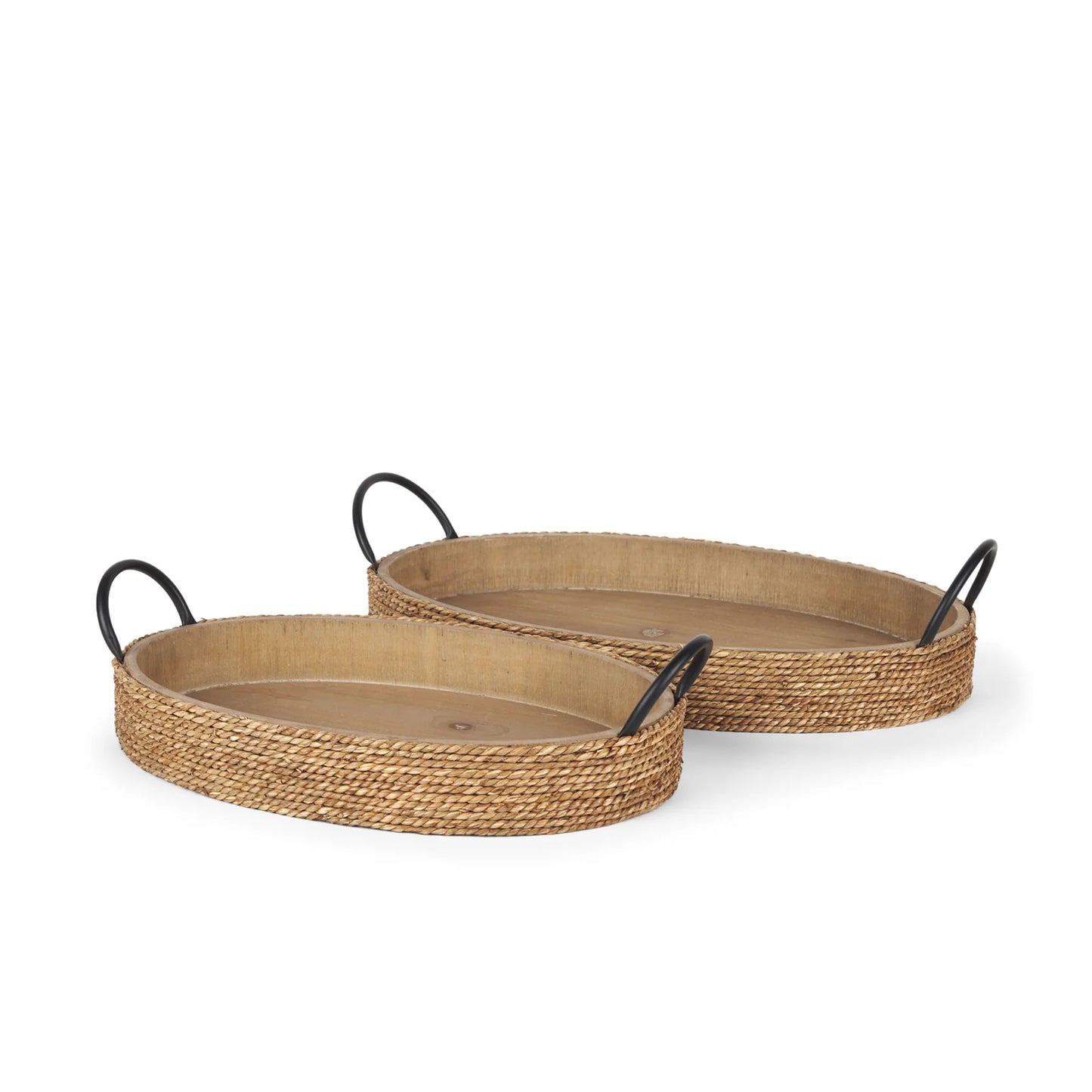 Wheaton Serving Trays - Light Brown Wood & Natural Jute with Stylish Matte Black Metal Handles