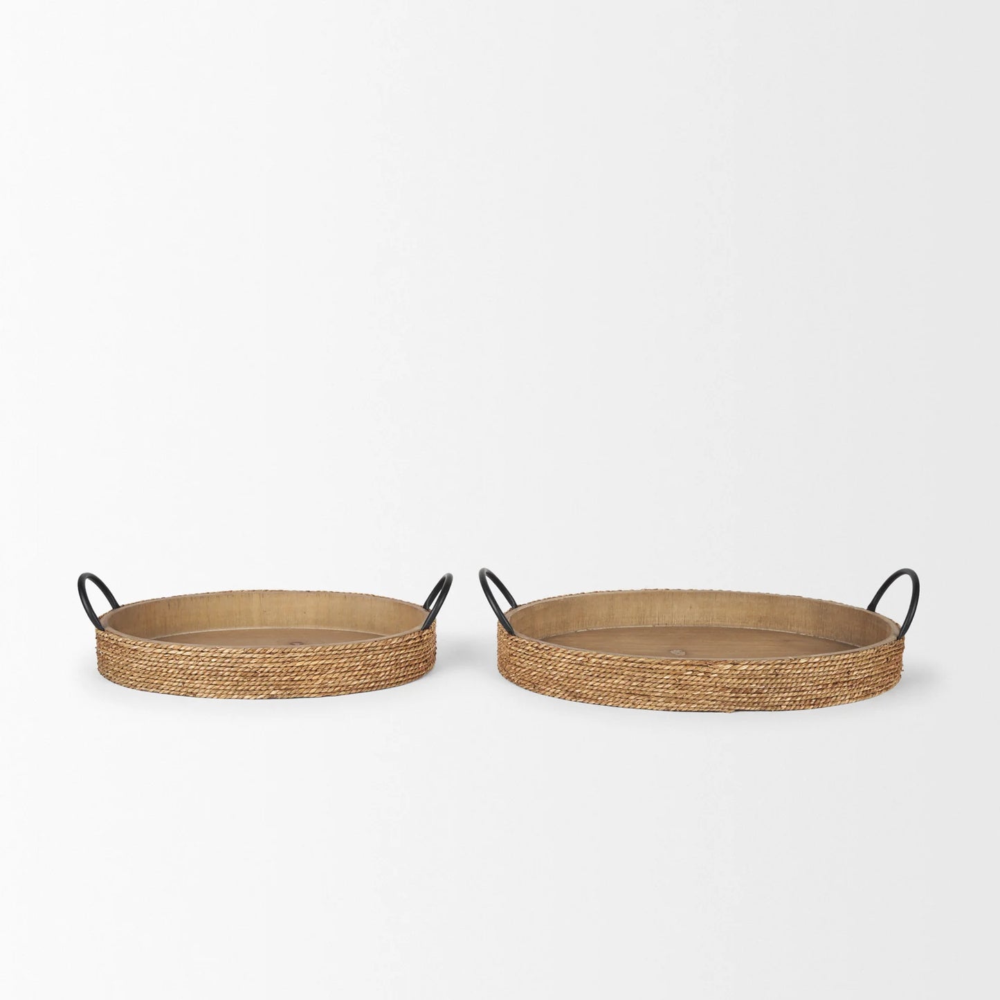 Wheaton Serving Trays - Light Brown Wood & Natural Jute with Stylish Matte Black Metal Handles