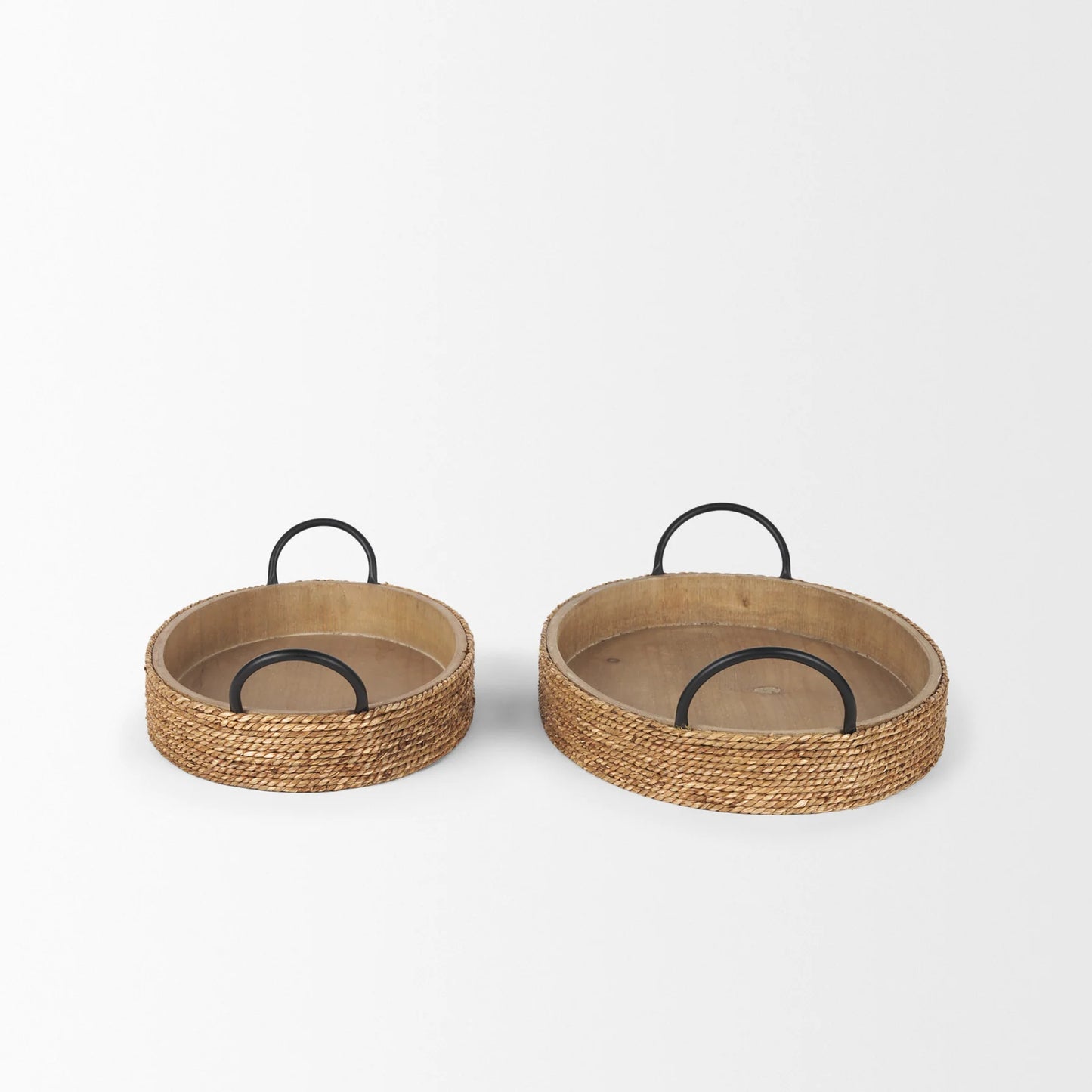 Wheaton Serving Trays - Light Brown Wood & Natural Jute with Stylish Matte Black Metal Handles