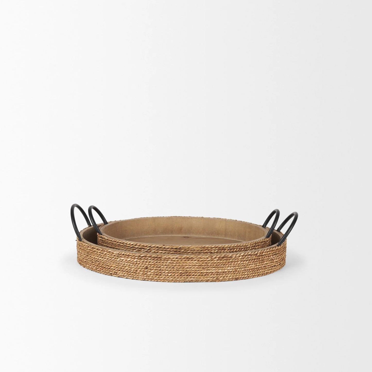 Wheaton Serving Trays - Light Brown Wood & Natural Jute with Stylish Matte Black Metal Handles