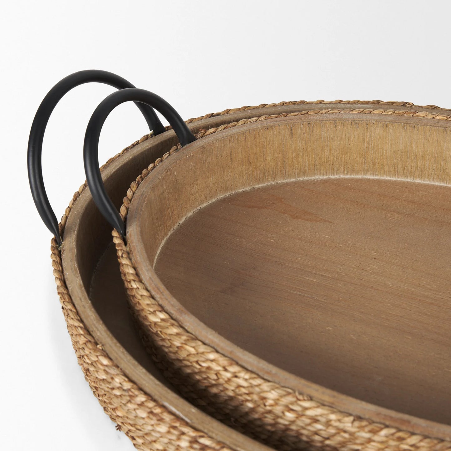 Wheaton Serving Trays - Light Brown Wood & Natural Jute with Stylish Matte Black Metal Handles
