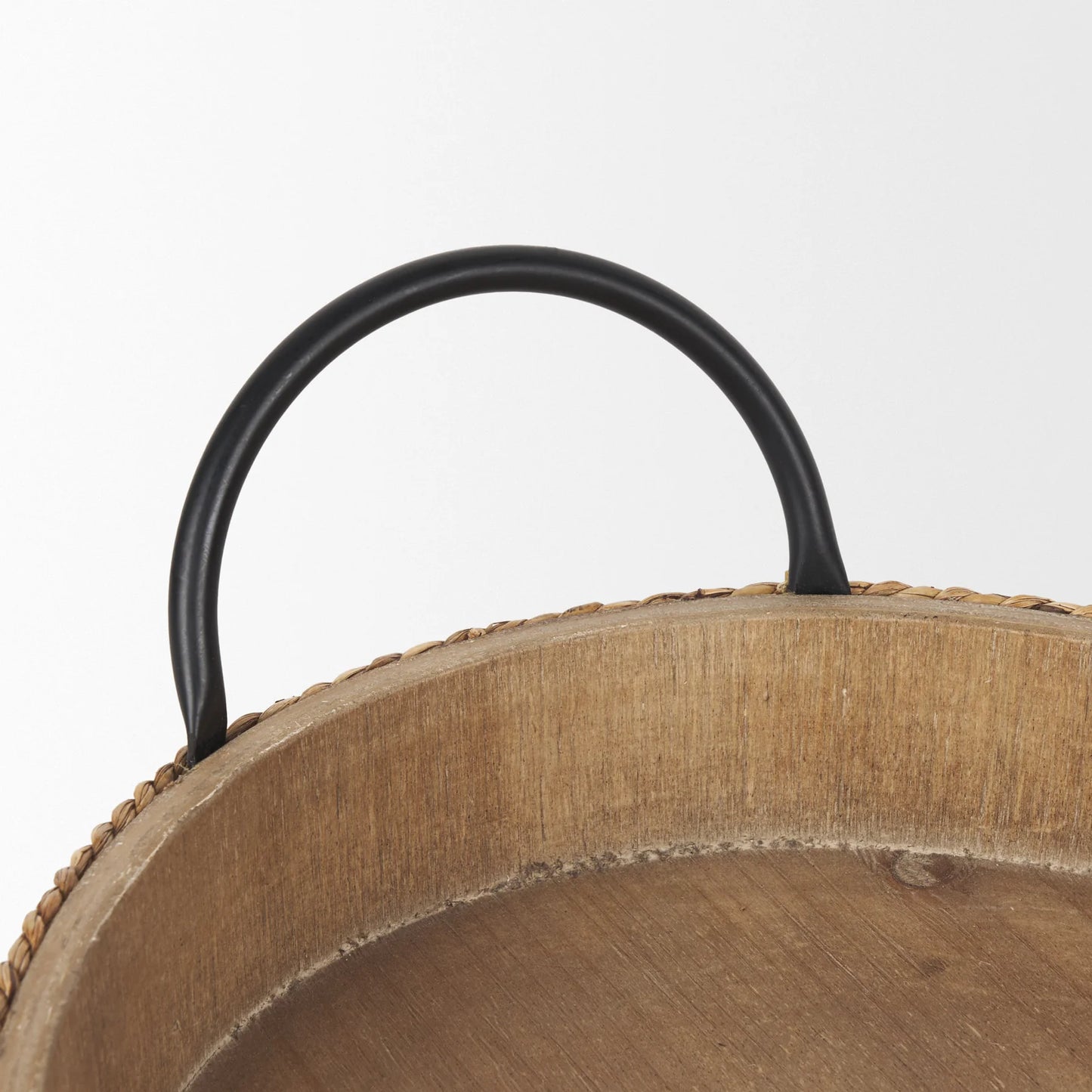 Wheaton Serving Trays - Light Brown Wood & Natural Jute with Stylish Matte Black Metal Handles