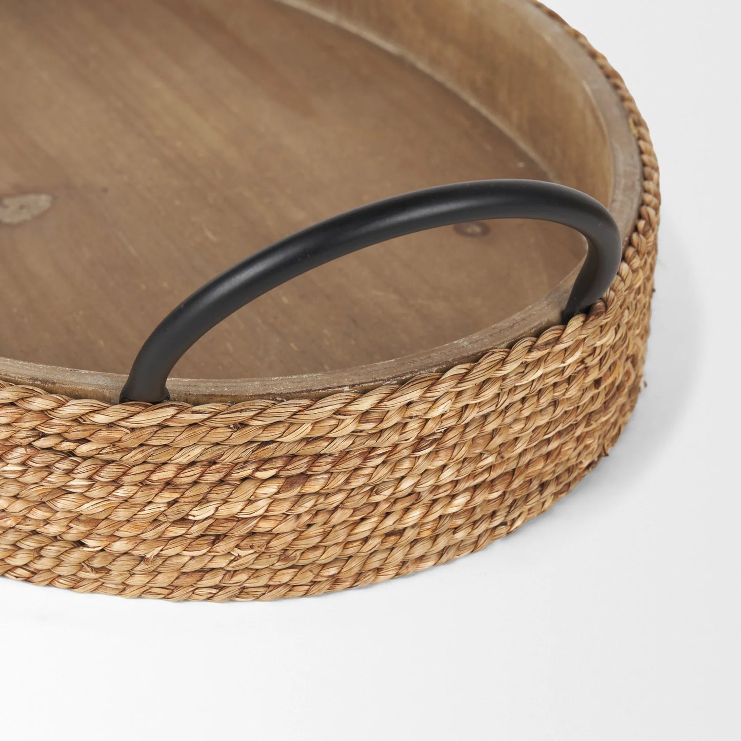 Wheaton Serving Trays - Light Brown Wood & Natural Jute with Stylish Matte Black Metal Handles