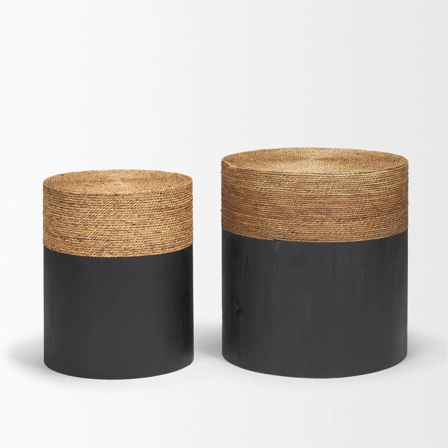 Wenopa Stylish Matte Black Wood Accent Tables with Natural Jute Top – Chic and Functional Home Decor for Modern Spaces