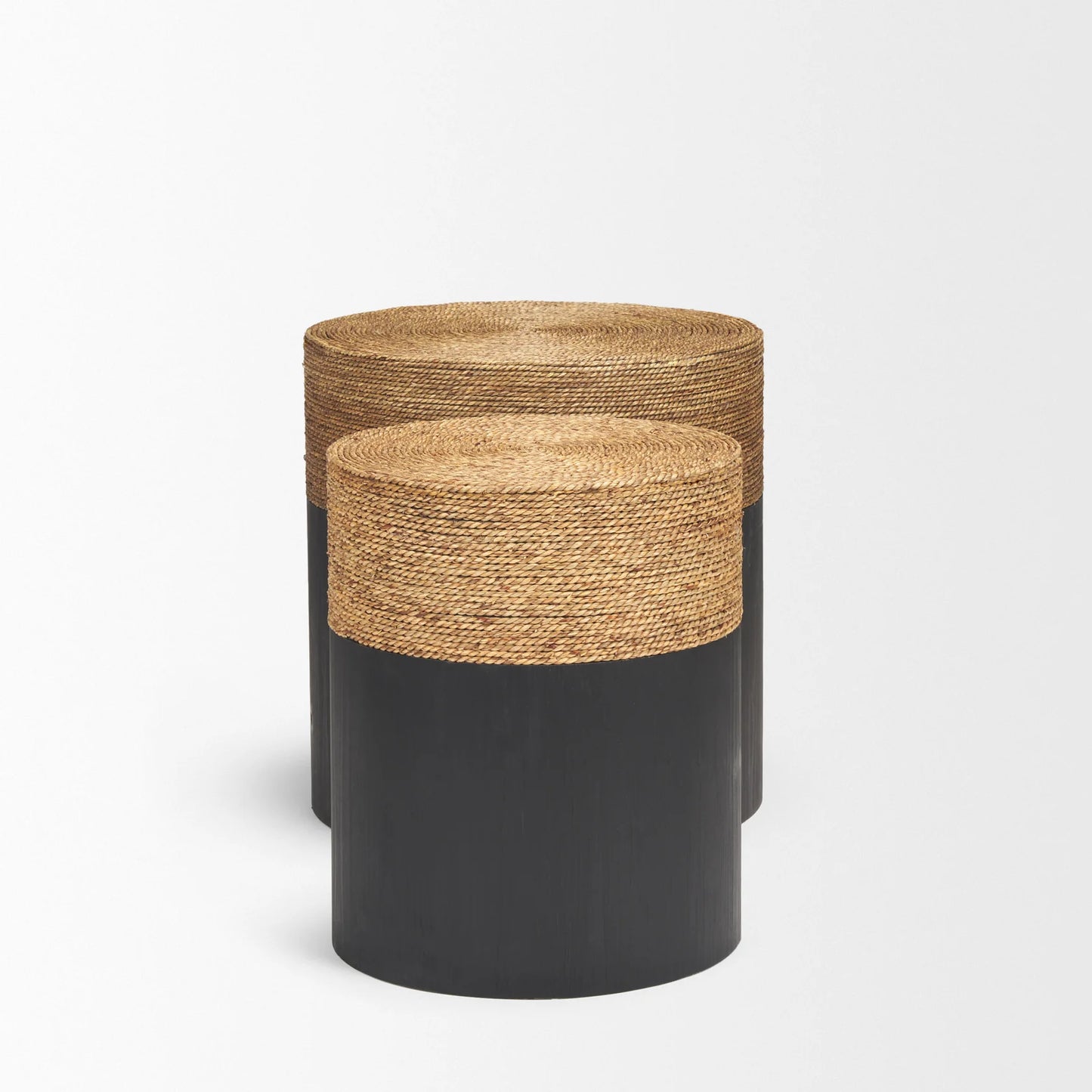 Wenopa Stylish Matte Black Wood Accent Tables with Natural Jute Top – Chic and Functional Home Decor for Modern Spaces