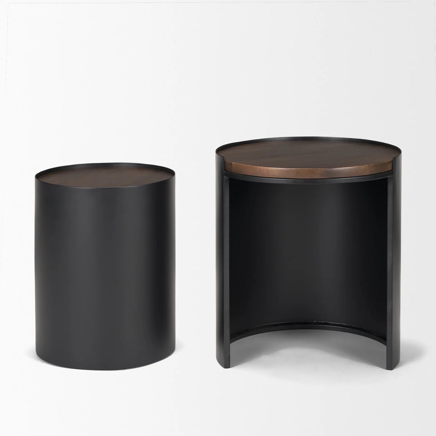 Varden Chic Matte Black Metal Nesting Tables with Elegant Dark Brown Wood Top for Modern Spaces