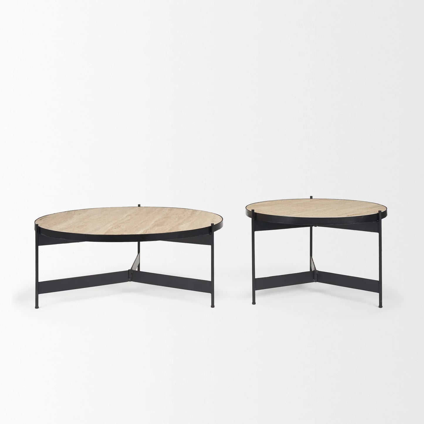 Wade Nesting Coffee Tables Set - Elegant Round Travertine Stone Tops with Sleek Black Metal Frames
