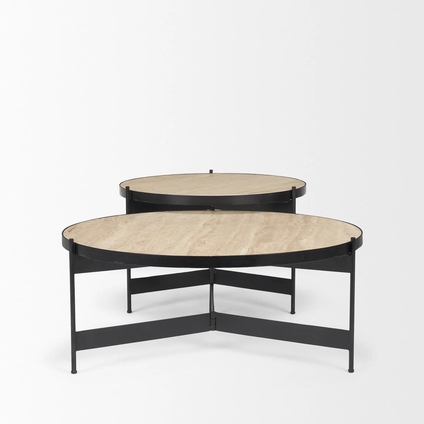 Wade Nesting Coffee Tables Set - Elegant Round Travertine Stone Tops with Sleek Black Metal Frames