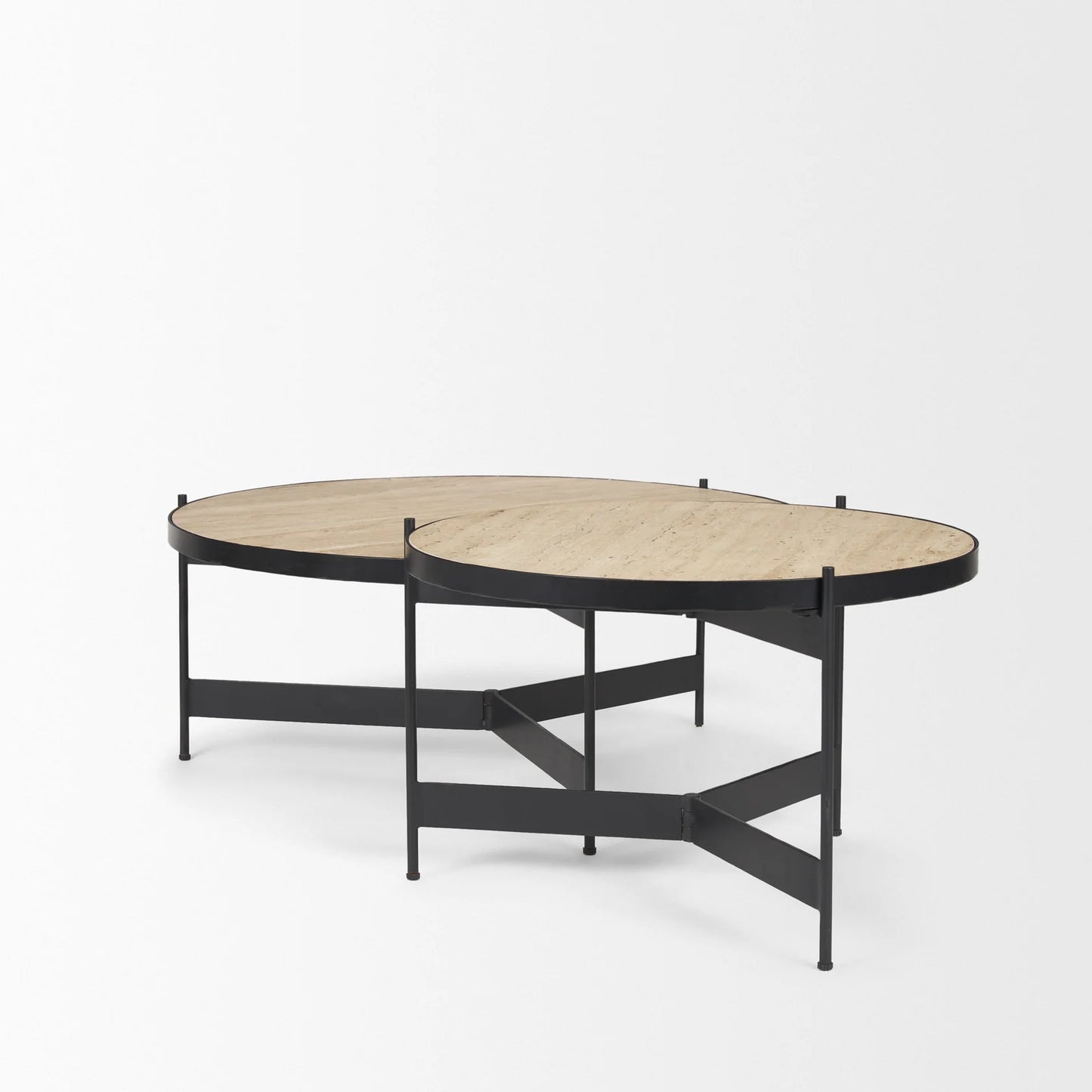 Wade Nesting Coffee Tables Set - Elegant Round Travertine Stone Tops with Sleek Black Metal Frames