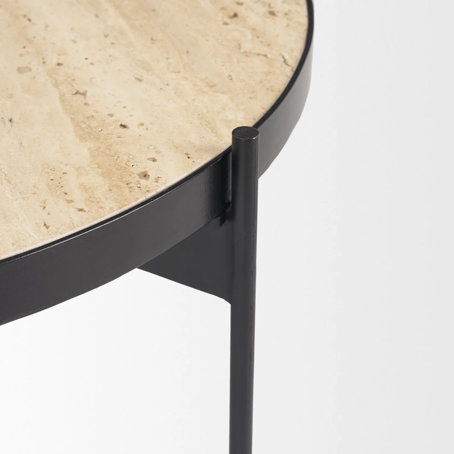 Wade Nesting Coffee Tables Set - Elegant Round Travertine Stone Tops with Sleek Black Metal Frames