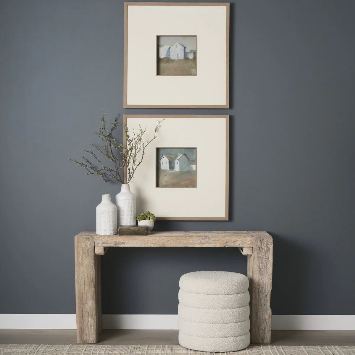 McArthur Rustic Reclaimed Wood Console Table with Whitewash Finish and Soft Blush Undertones