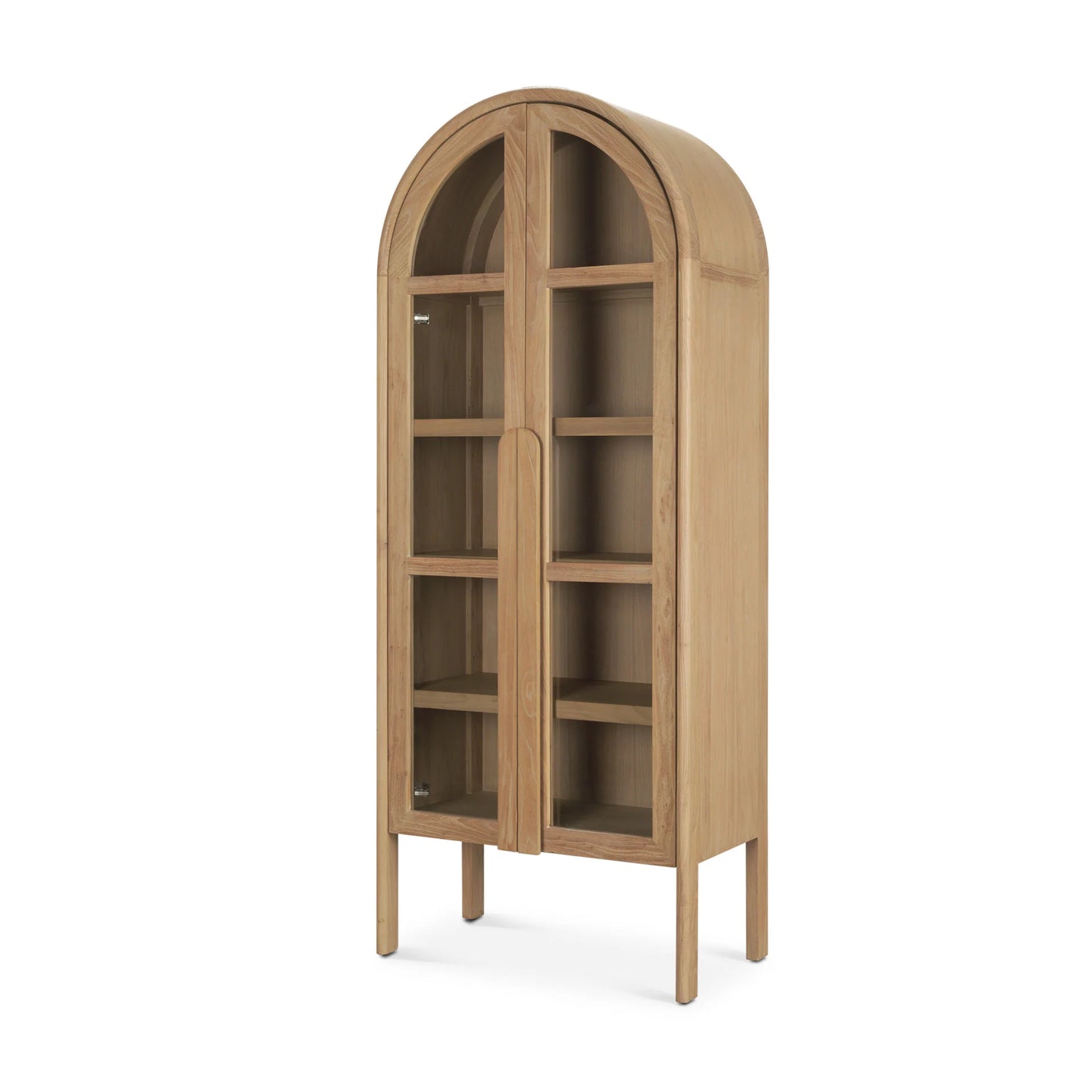 Callum Elegant Light Brown Elm Wood Curio Cabinet with Arched Glass Doors for Timeless Display