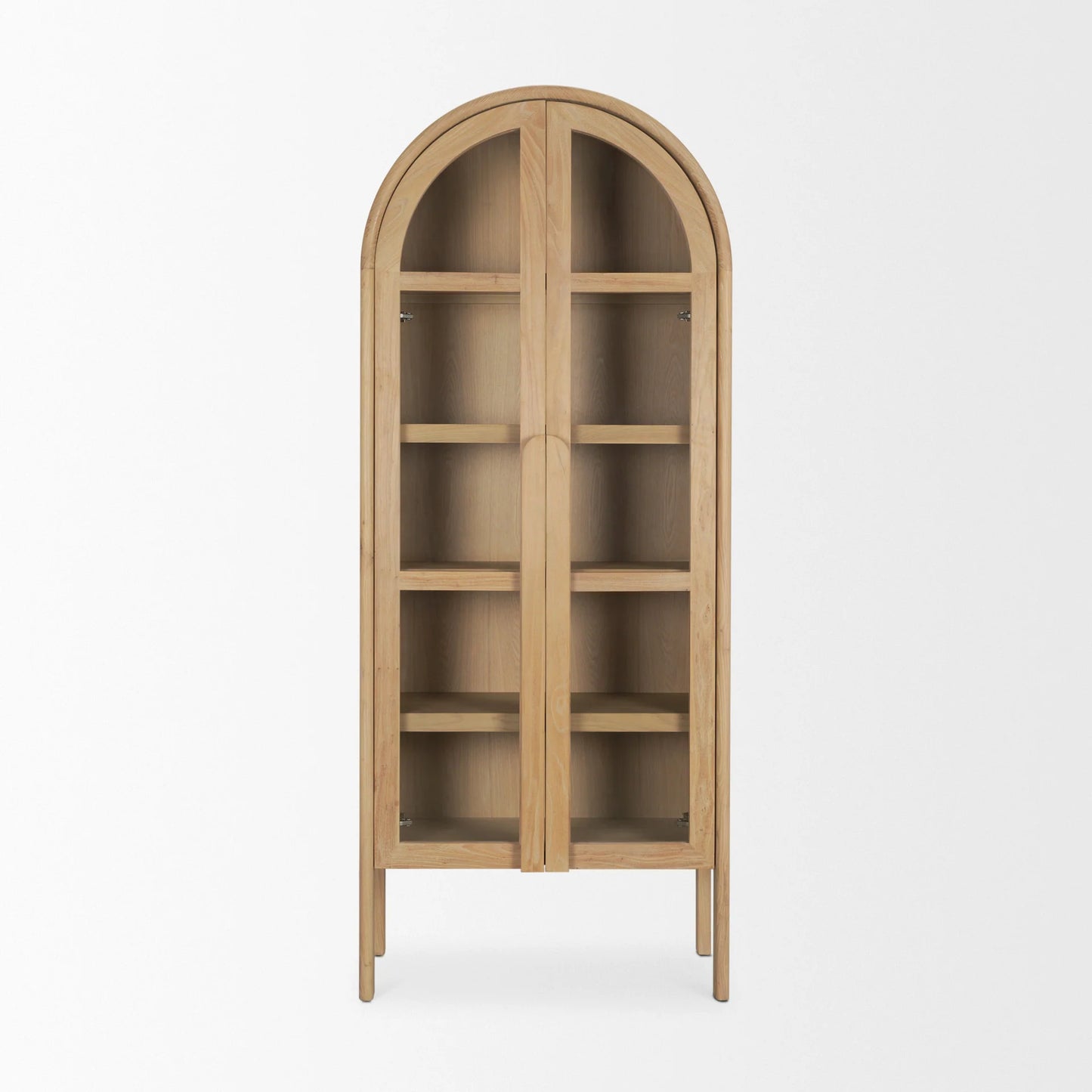 Callum Elegant Light Brown Elm Wood Curio Cabinet with Arched Glass Doors for Timeless Display
