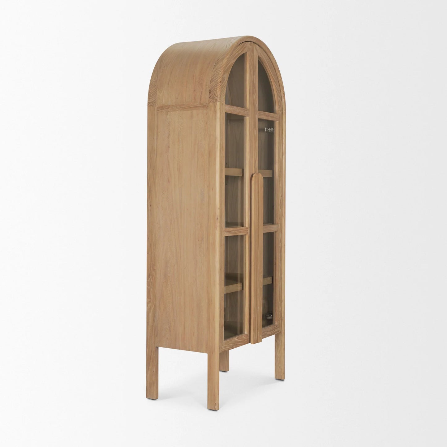 Callum Elegant Light Brown Elm Wood Curio Cabinet with Arched Glass Doors for Timeless Display