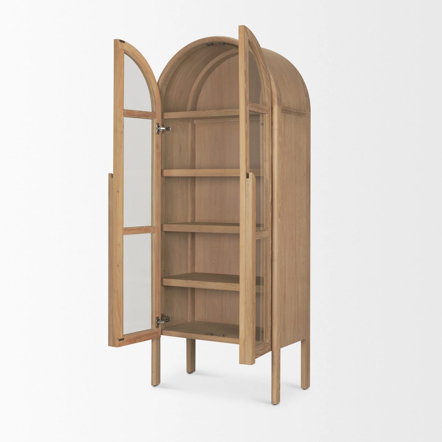 Callum Elegant Light Brown Elm Wood Curio Cabinet with Arched Glass Doors for Timeless Display