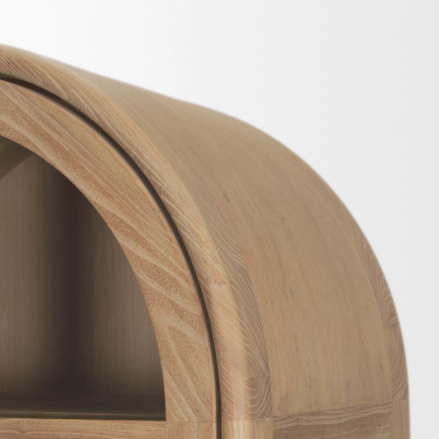 Callum Elegant Light Brown Elm Wood Curio Cabinet with Arched Glass Doors for Timeless Display