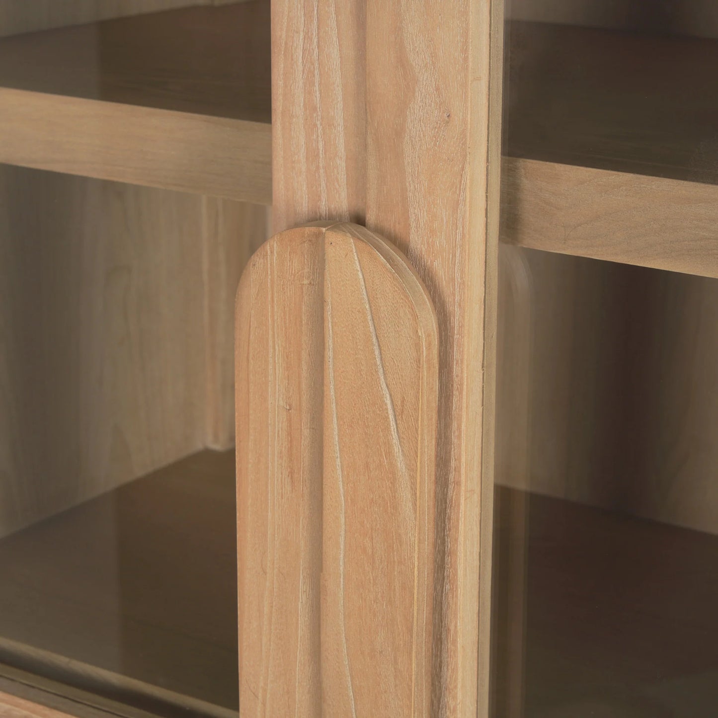 Callum Elegant Light Brown Elm Wood Curio Cabinet with Arched Glass Doors for Timeless Display