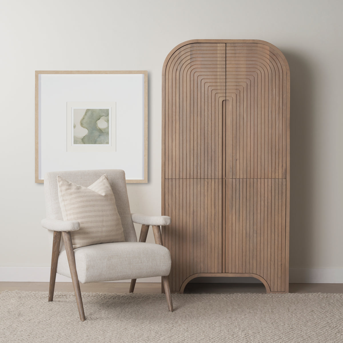 Nico Oatmeal Upholstered w Brown Wood Accent Chair