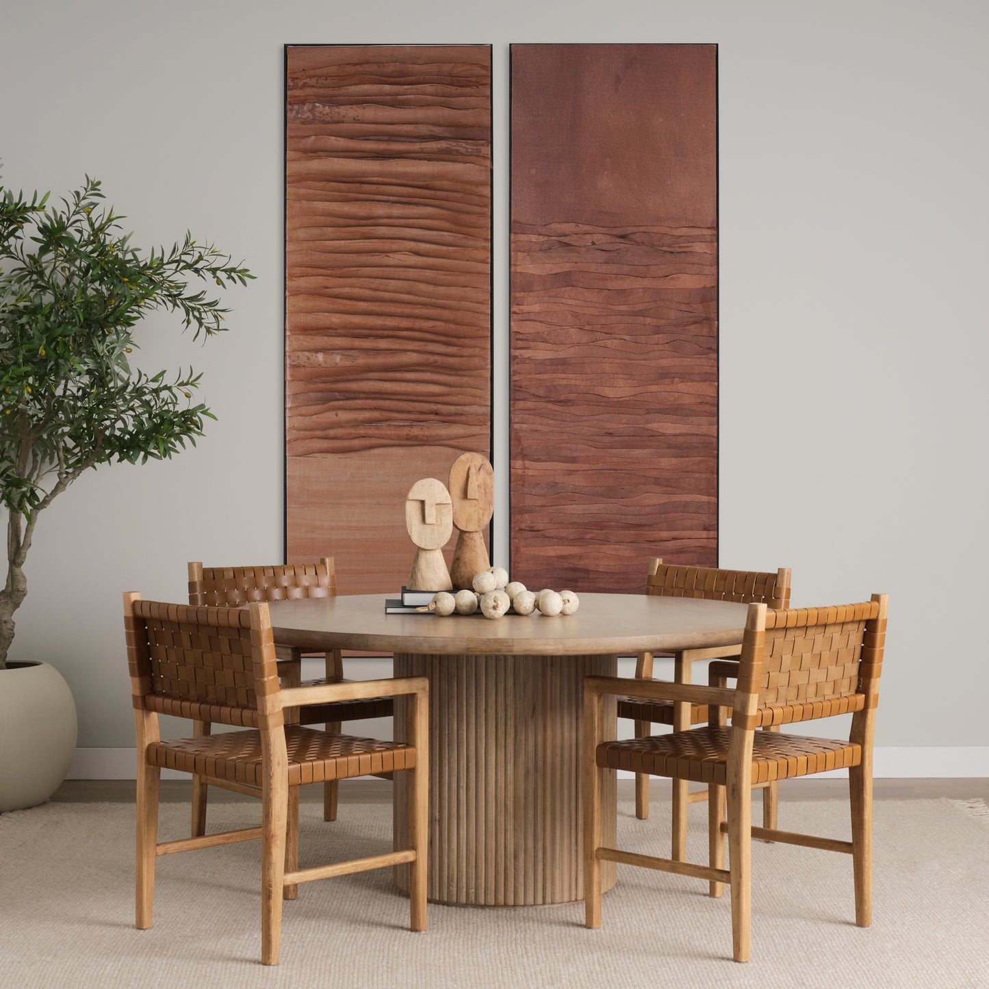 Shane Brown Wood Dining Armchair with Woven Brown Leather Seat and Back