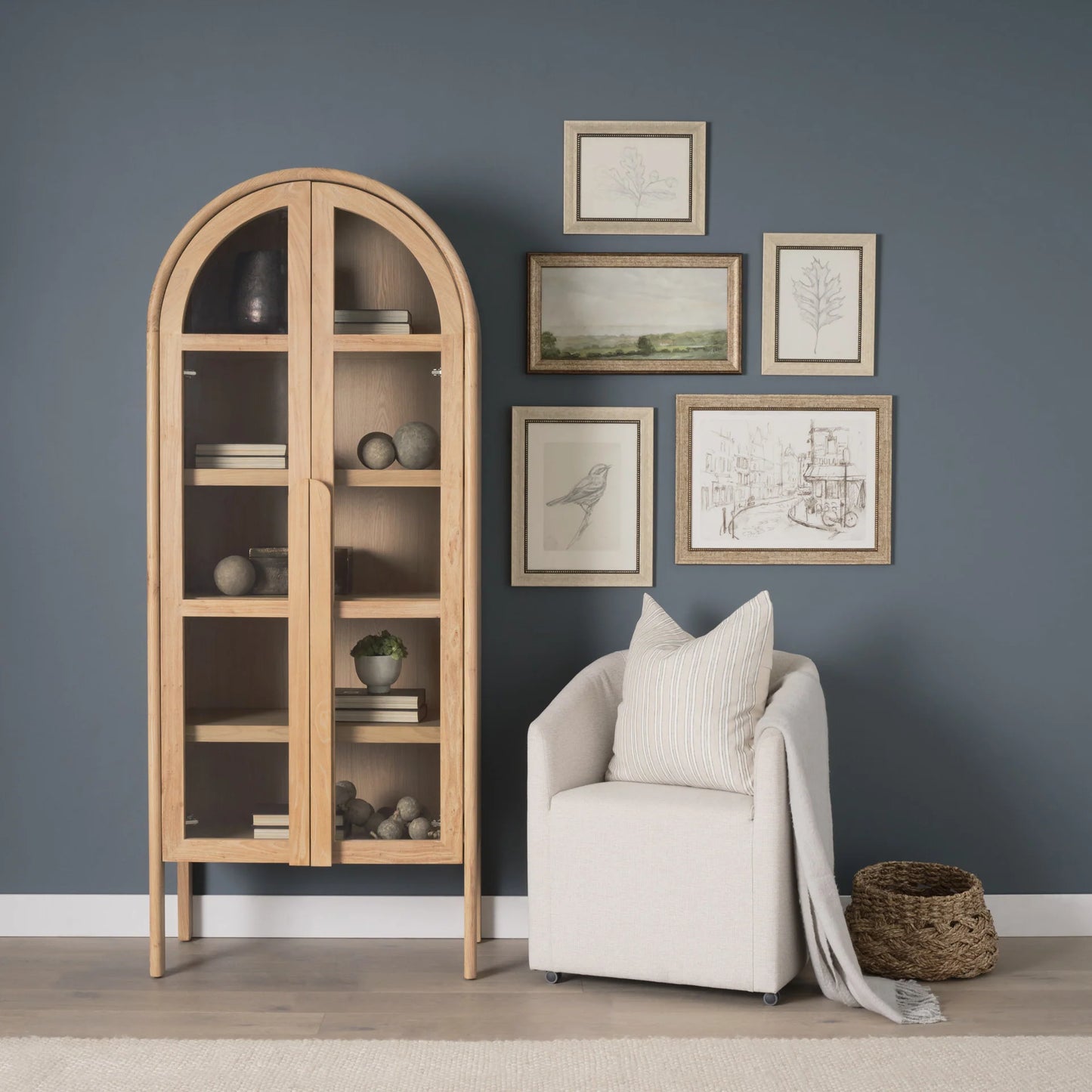 Callum Elegant Light Brown Elm Wood Curio Cabinet with Arched Glass Doors for Timeless Display