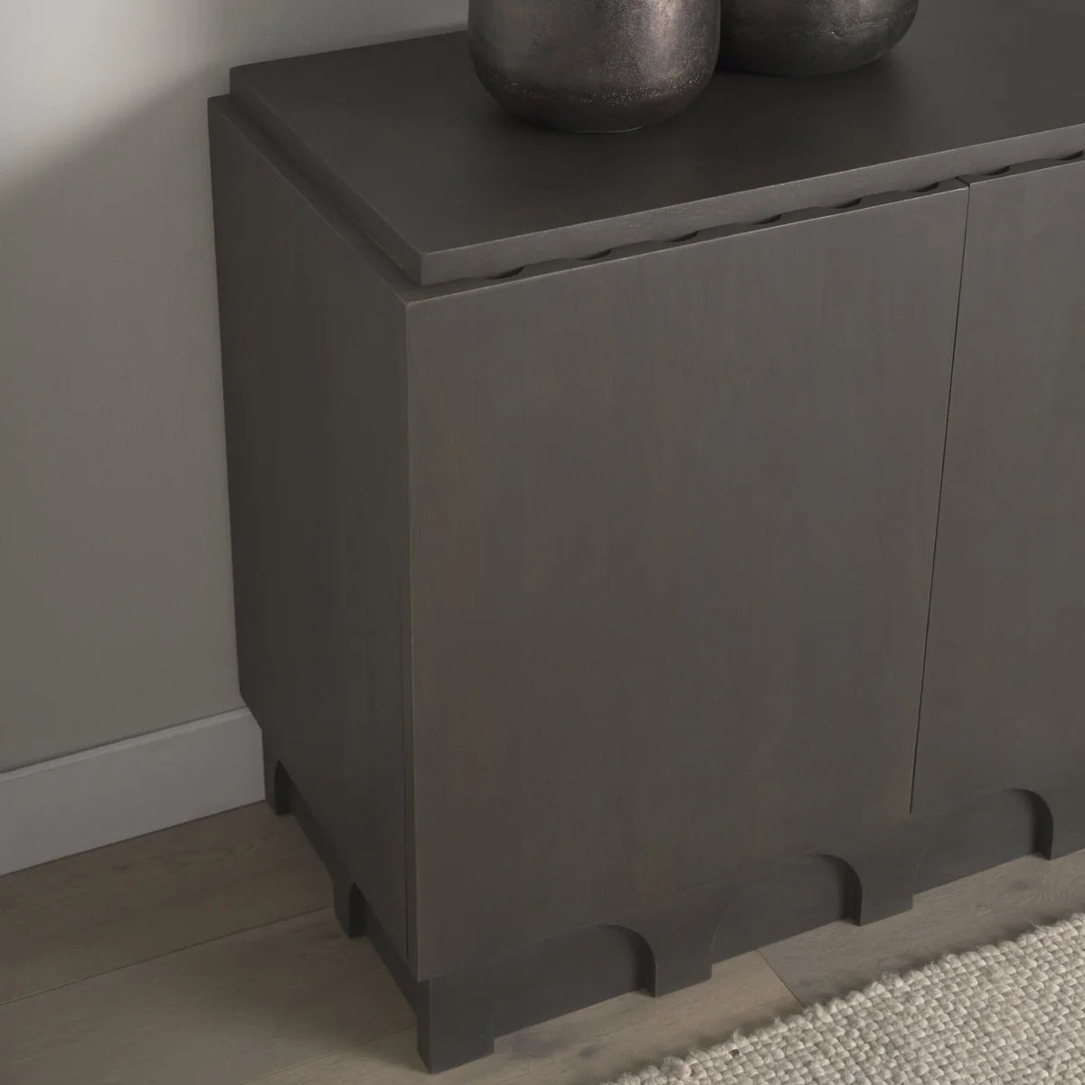 Wagner Dark Brown Wood Accent Cabinet with Elegant Arched Design & Scalloped Detailing for Style
