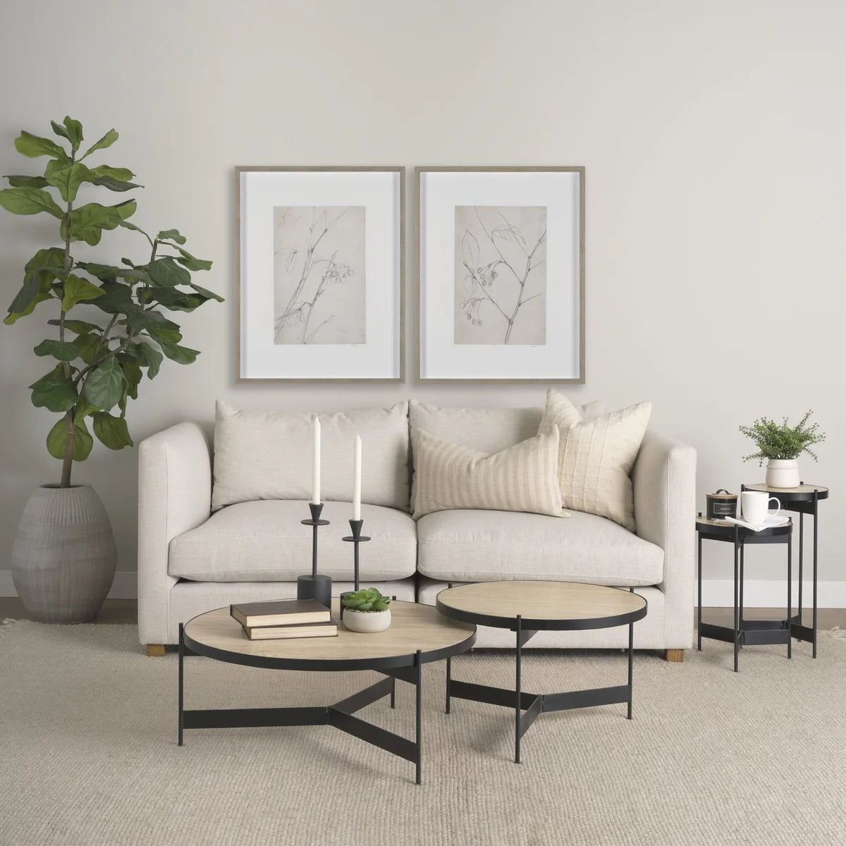 Wade Nesting Coffee Tables Set - Elegant Round Travertine Stone Tops with Sleek Black Metal Frames