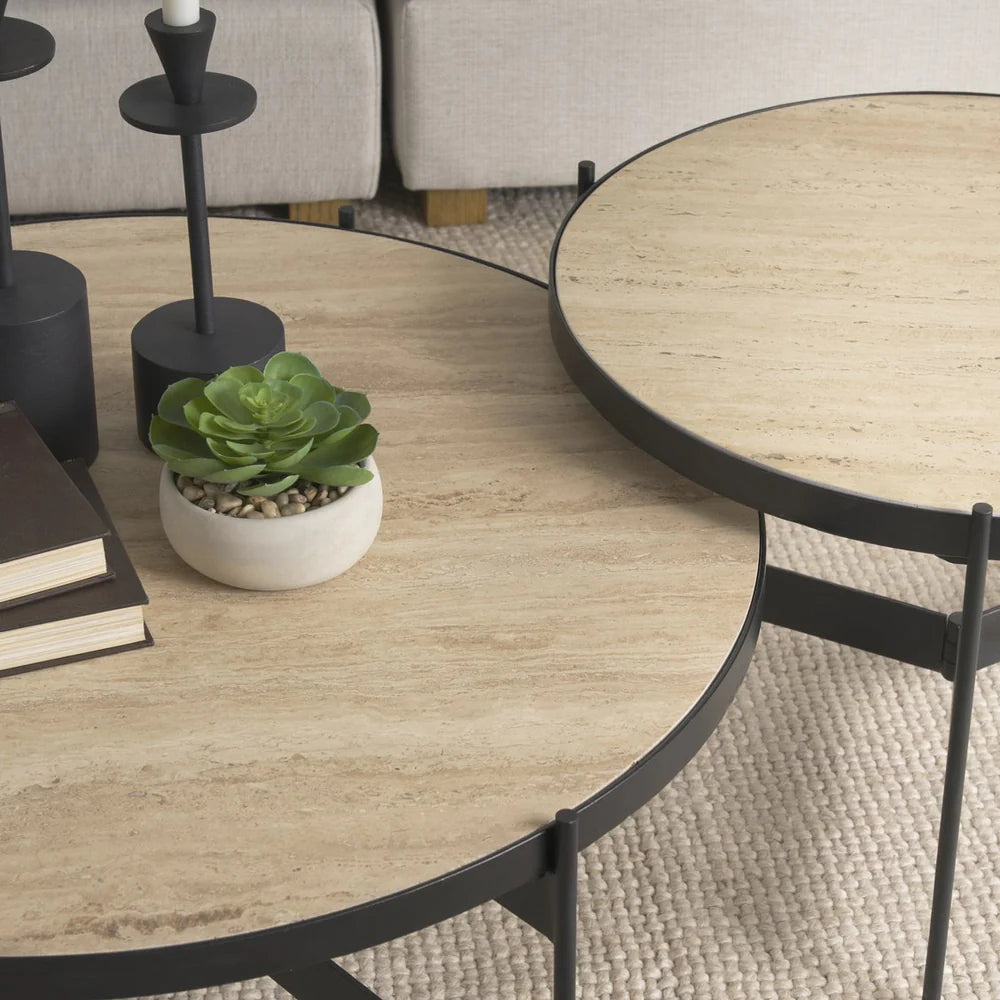 Wade Nesting Coffee Tables Set - Elegant Round Travertine Stone Tops with Sleek Black Metal Frames