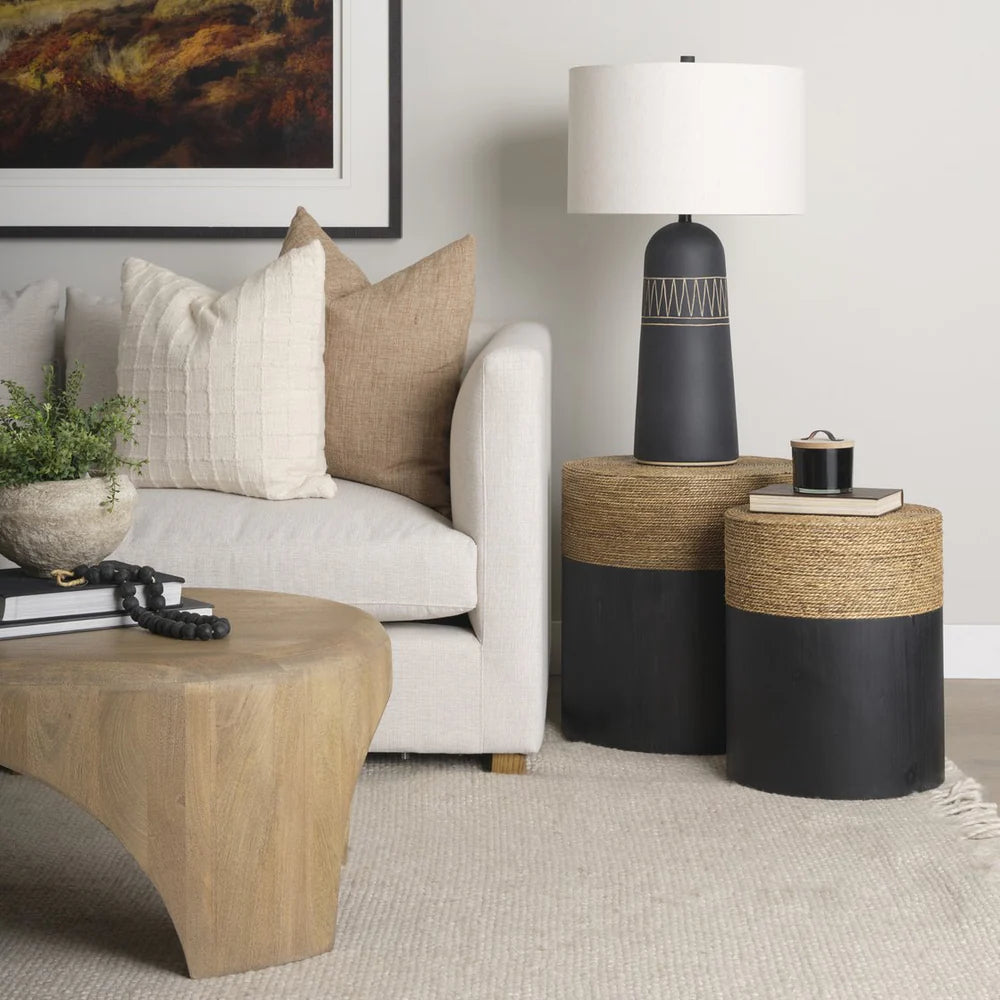 Wenopa Stylish Matte Black Wood Accent Tables with Natural Jute Top – Chic and Functional Home Decor for Modern Spaces
