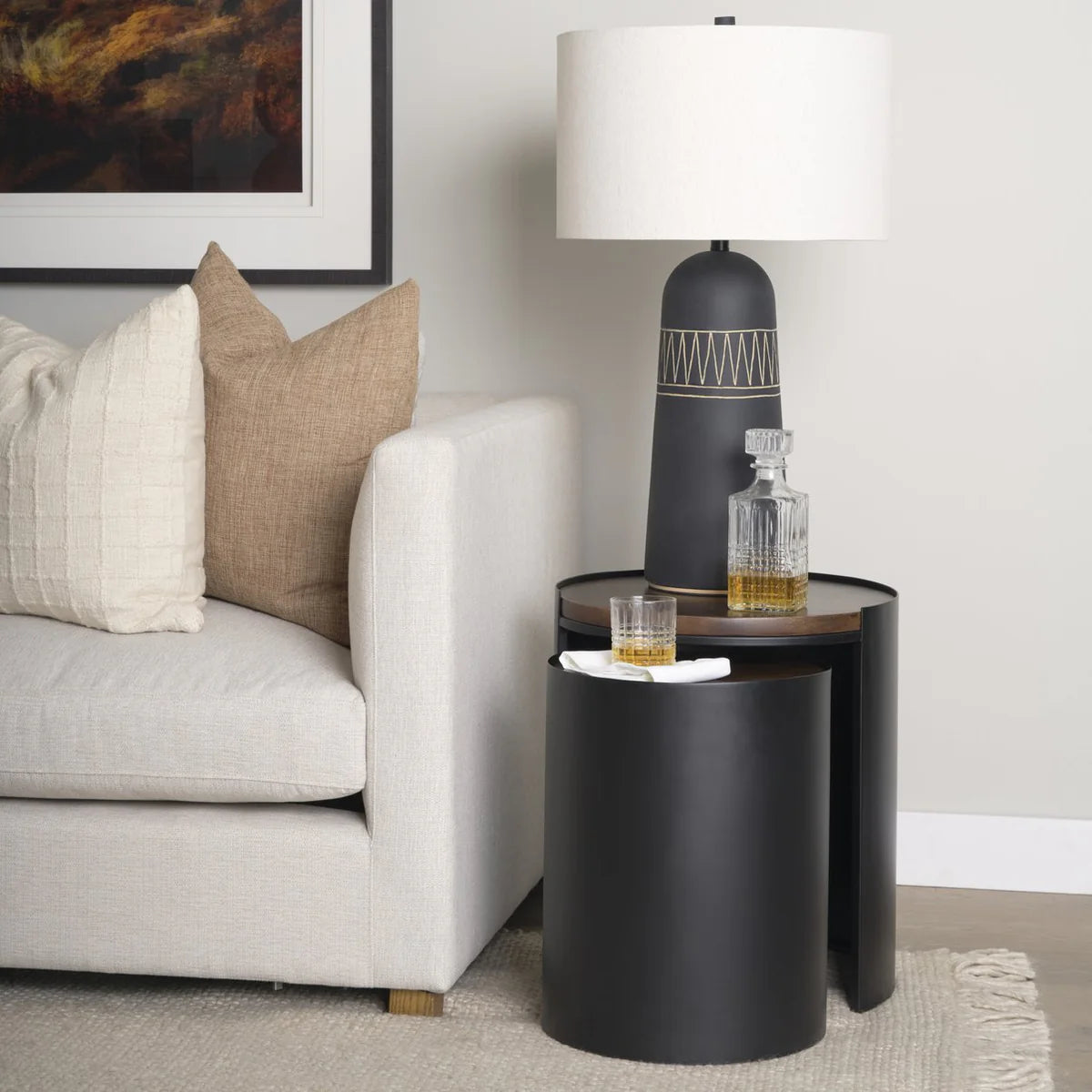 Varden Chic Matte Black Metal Nesting Tables with Elegant Dark Brown Wood Top for Modern Spaces