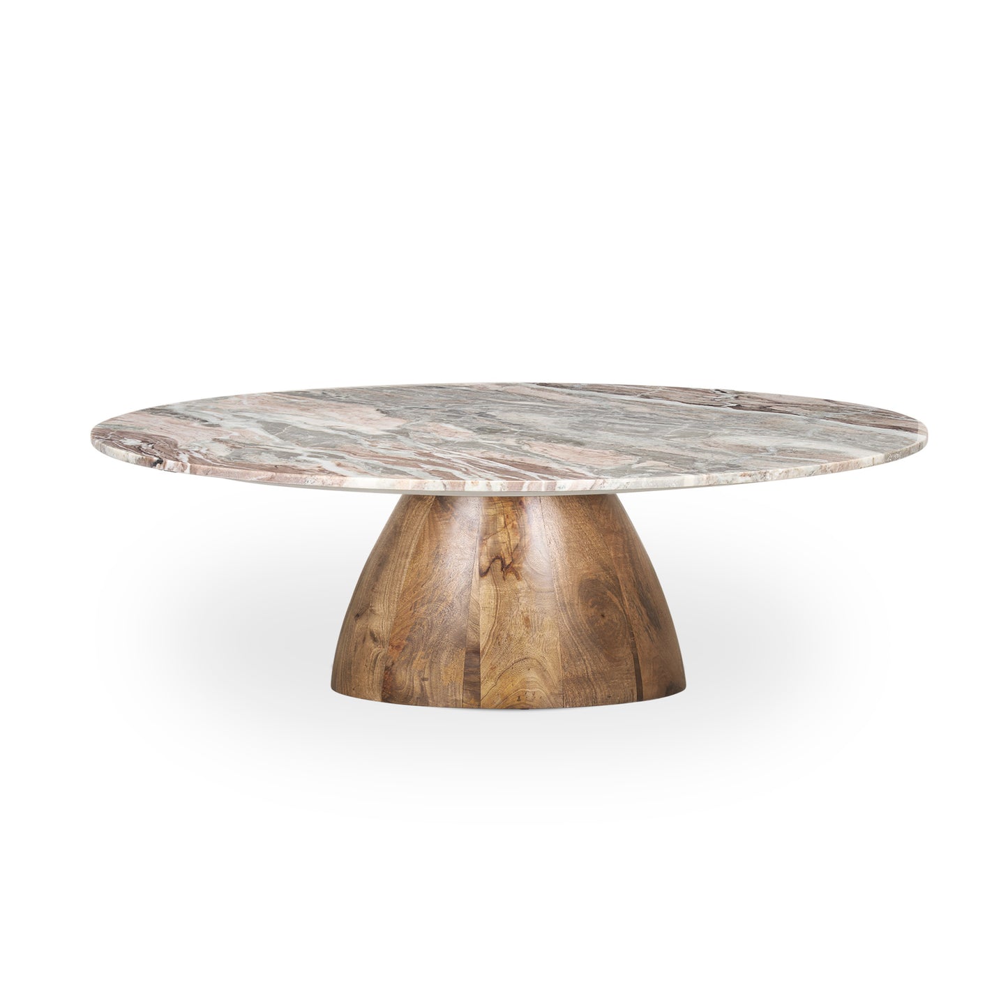 Allyson Round Medium Brown Coffee Table with Pink Marble Pedestal - Stylish and Modern Living Room Accent