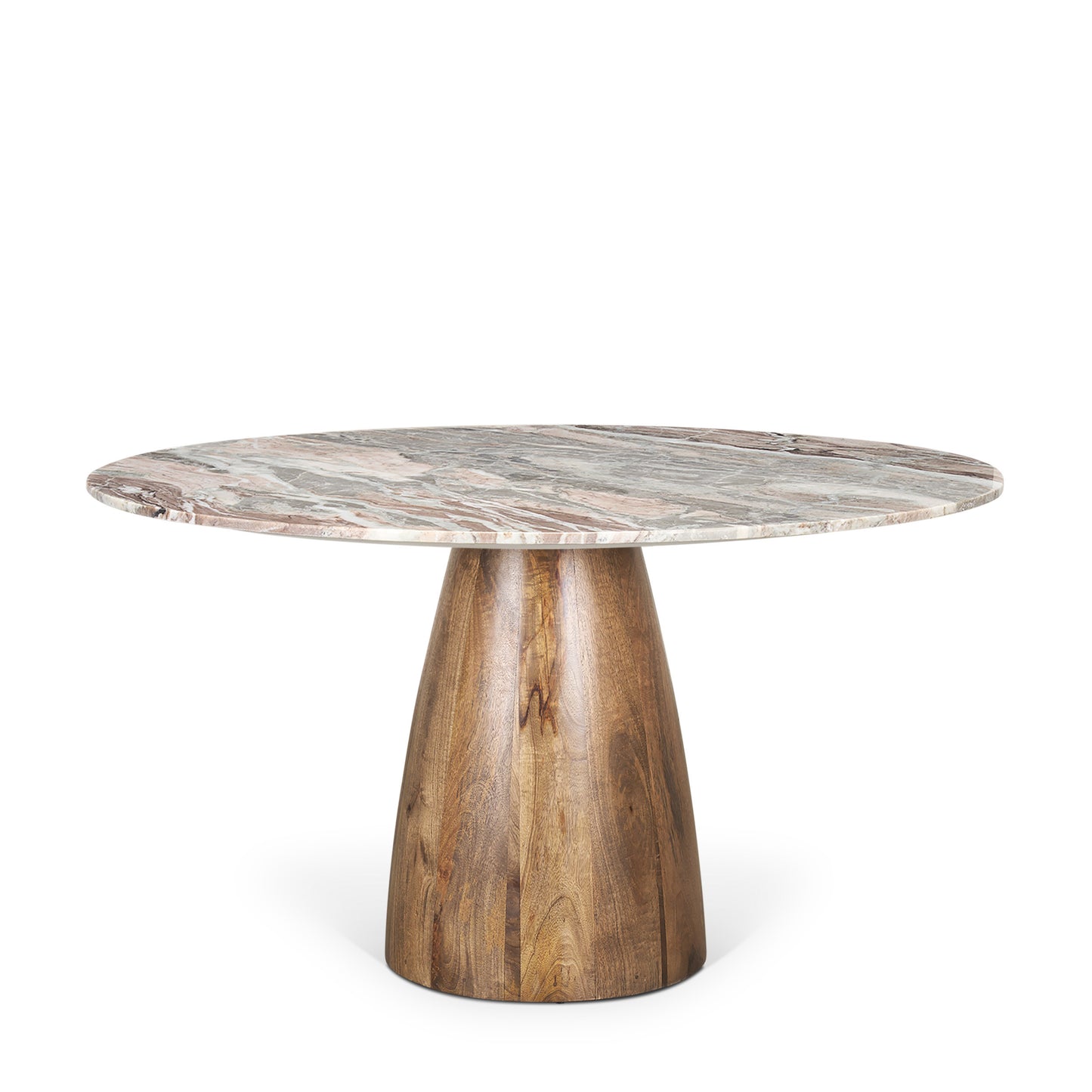 Allyson Round Medium Brown Dining Table with Pink Marble Pedestal