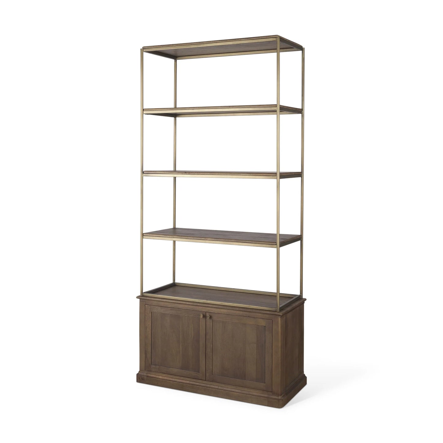 Braxton Stunning 3-Tier Shelving Unit with Stylish Brass Accents and Ample Storage Space Options - Dark Brown Wood with Antiqued Aged Brass Metal