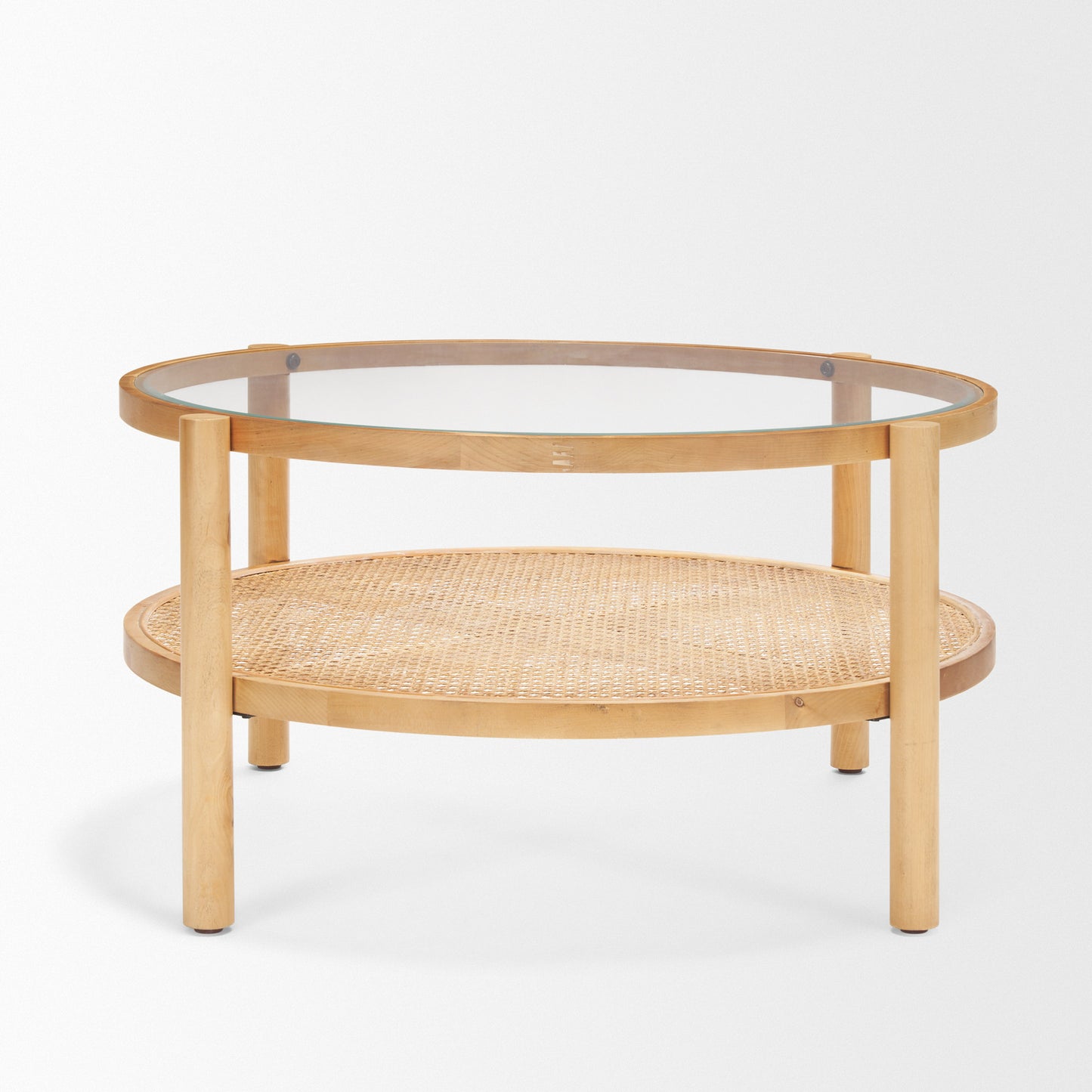 Weslyn Solid Light Brown Wood and Glass Top Coffee Table with Cane - Stylish and Modern Living Room Accent