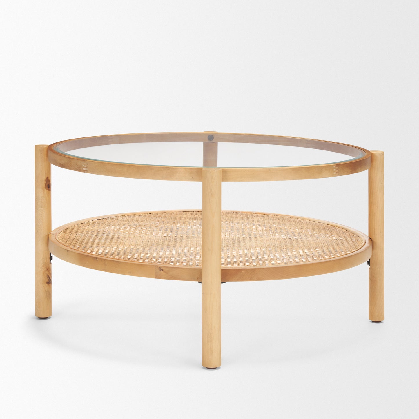Weslyn Solid Light Brown Wood and Glass Top Coffee Table with Cane - Stylish and Modern Living Room Accent