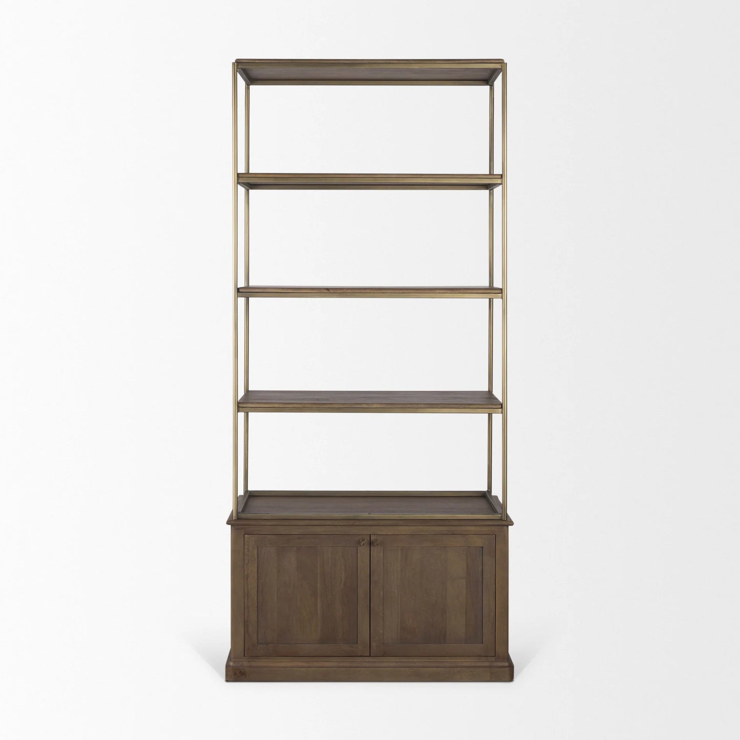 Braxton Stunning 3-Tier Shelving Unit with Stylish Brass Accents and Ample Storage Space Options - Dark Brown Wood with Antiqued Aged Brass Metal