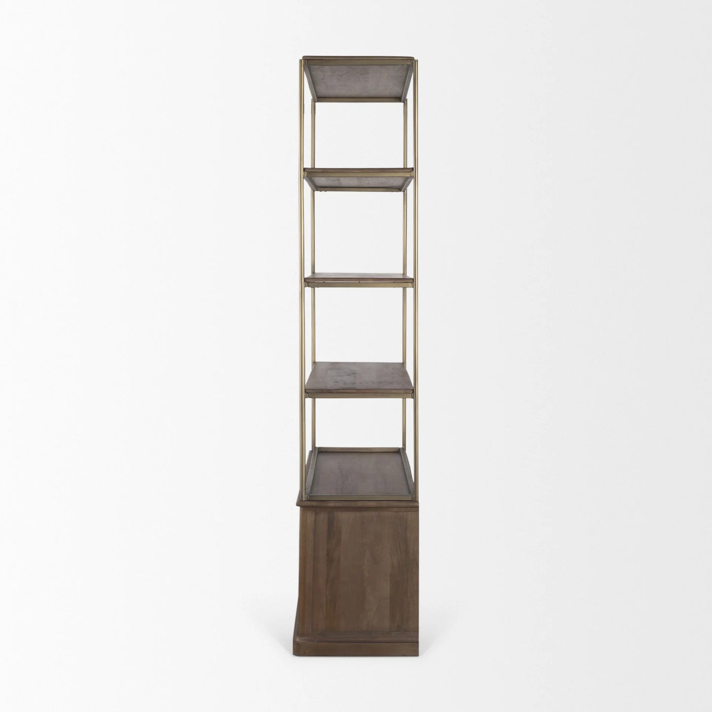 Braxton Stunning 3-Tier Shelving Unit with Stylish Brass Accents and Ample Storage Space Options - Dark Brown Wood with Antiqued Aged Brass Metal