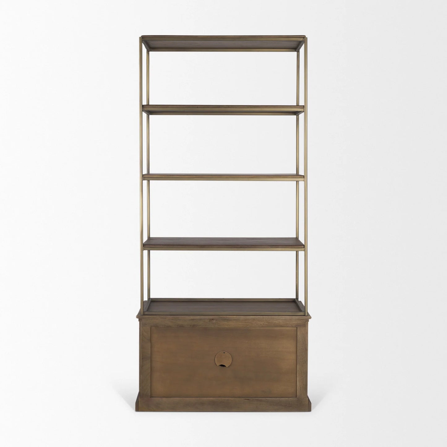 Braxton Stunning 3-Tier Shelving Unit with Stylish Brass Accents and Ample Storage Space Options - Dark Brown Wood with Antiqued Aged Brass Metal