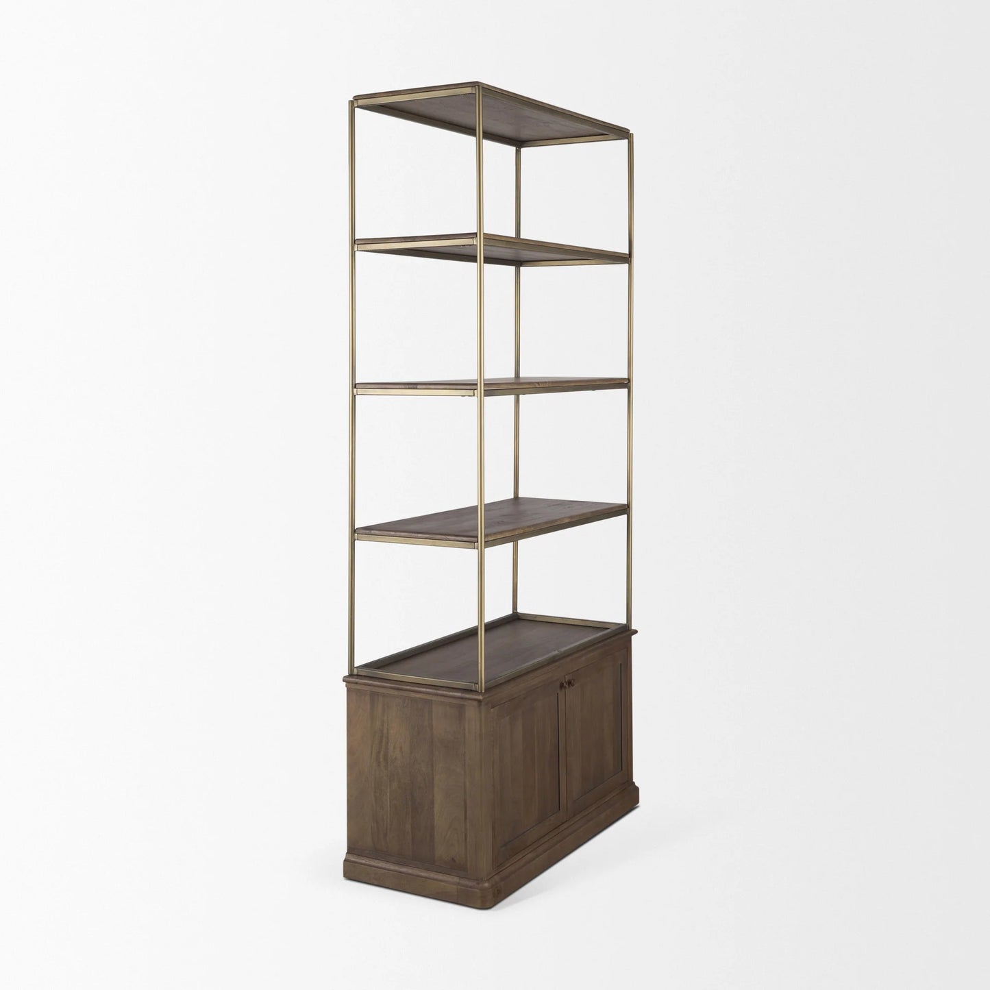 Braxton Stunning 3-Tier Shelving Unit with Stylish Brass Accents and Ample Storage Space Options - Dark Brown Wood with Antiqued Aged Brass Metal