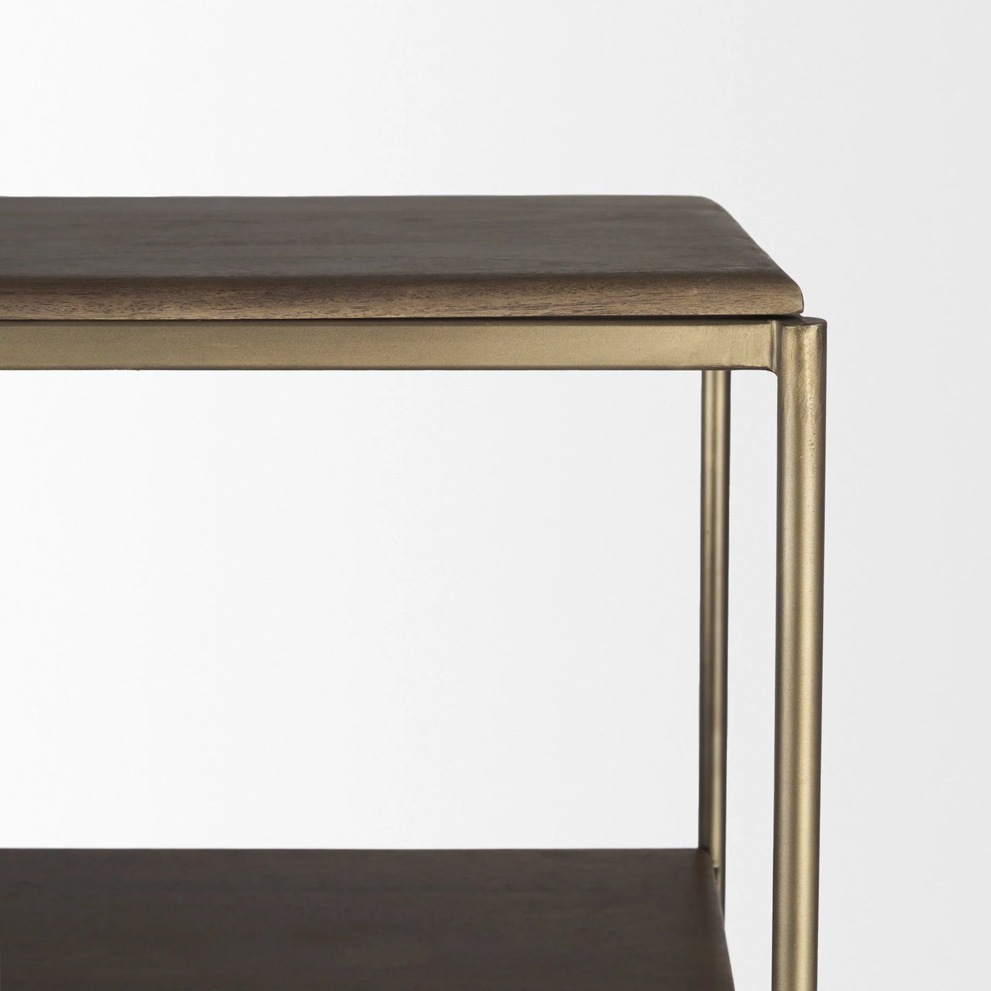 Braxton Stunning 3-Tier Shelving Unit with Stylish Brass Accents and Ample Storage Space Options - Dark Brown Wood with Antiqued Aged Brass Metal