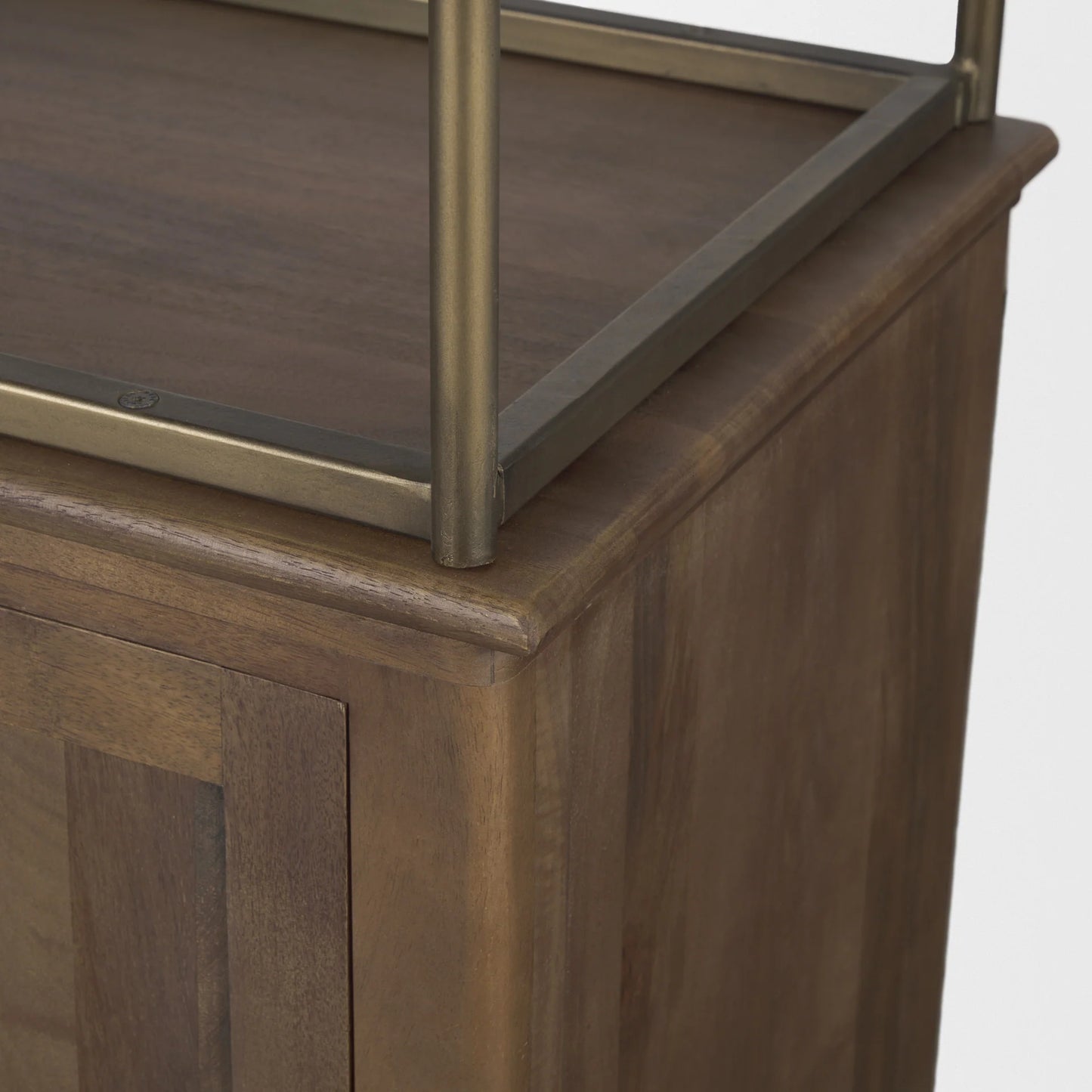 Braxton Stunning 3-Tier Shelving Unit with Stylish Brass Accents and Ample Storage Space Options - Dark Brown Wood with Antiqued Aged Brass Metal