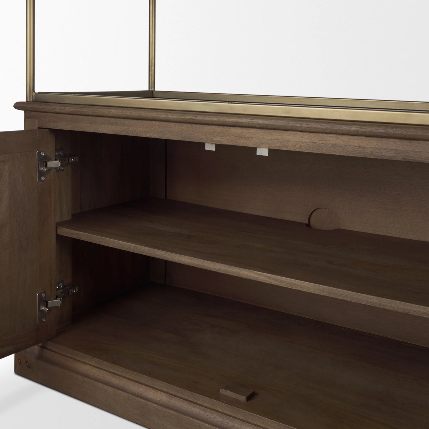 Braxton Stunning 3-Tier Shelving Unit with Stylish Brass Accents and Ample Storage Space Options - Dark Brown Wood with Antiqued Aged Brass Metal