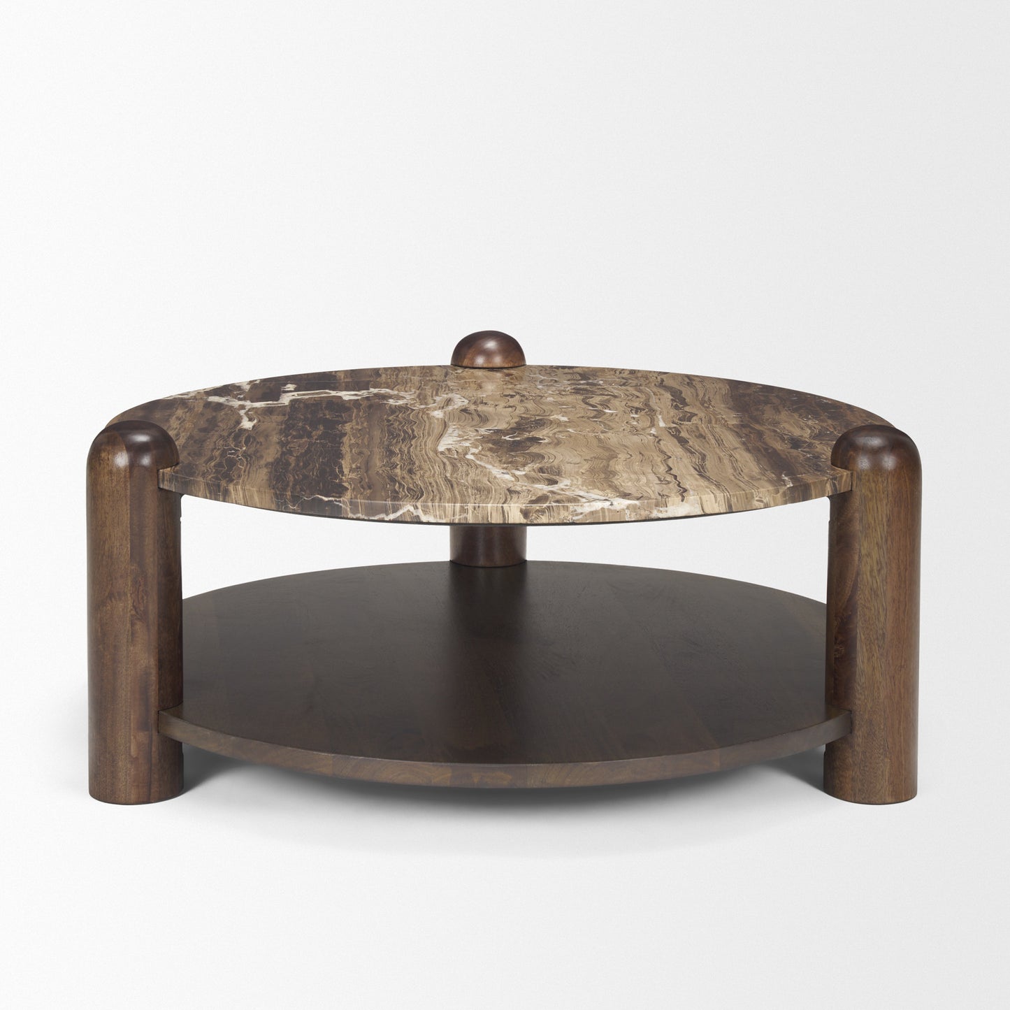 Jovia Brown Mango Wood Coffee Table with Cappuccino Marble Round Top - Elegant and Sophisticated Living Room Accent