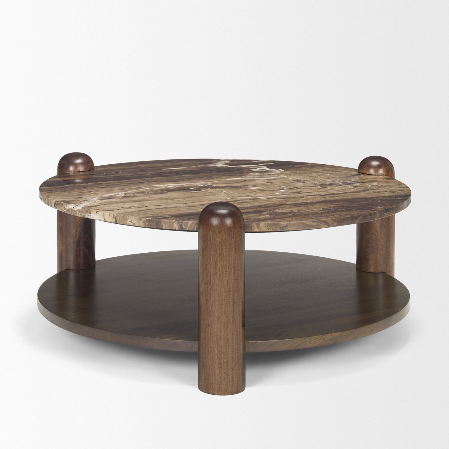 Jovia Brown Mango Wood Coffee Table with Cappuccino Marble Round Top - Elegant and Sophisticated Living Room Accent