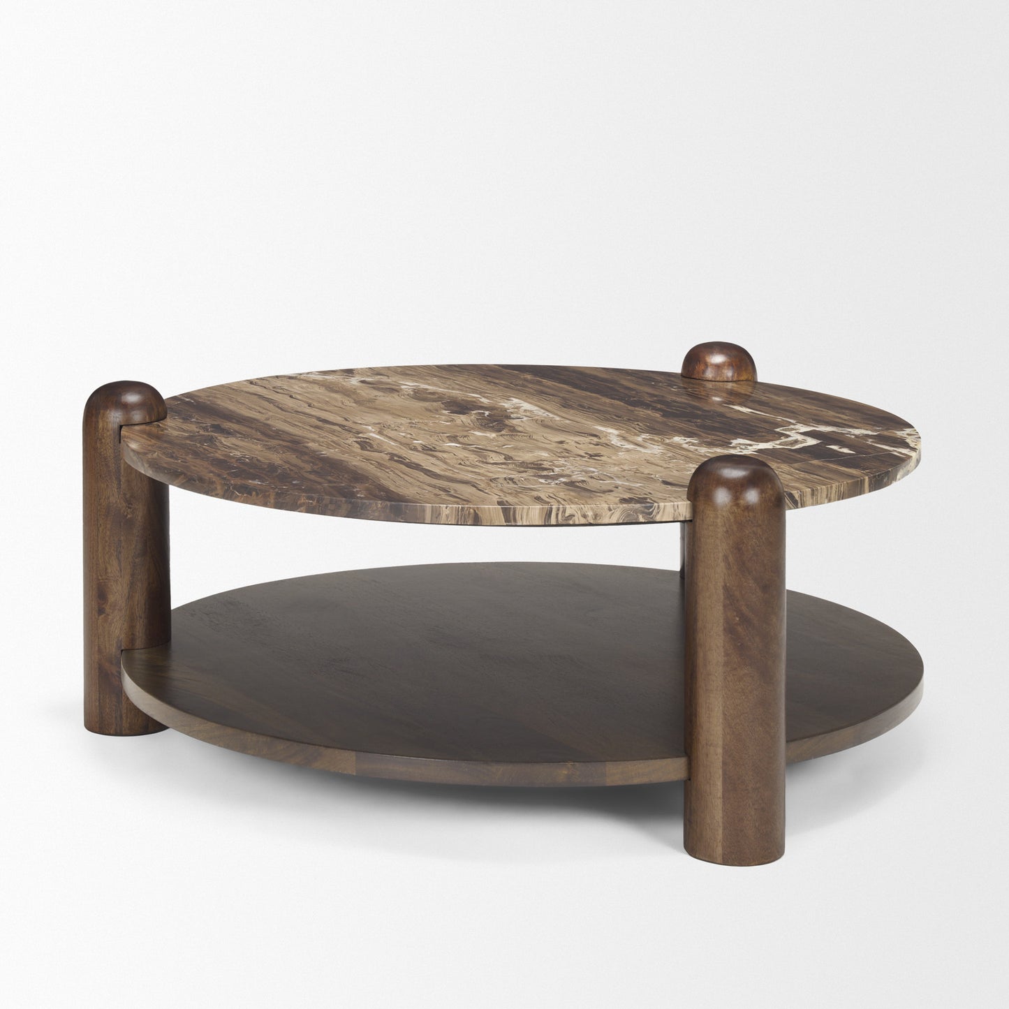 Jovia Brown Mango Wood Coffee Table with Cappuccino Marble Round Top - Elegant and Sophisticated Living Room Accent