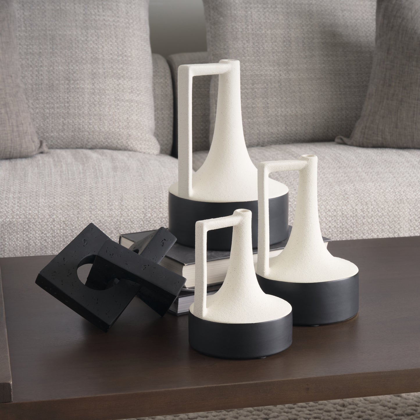 Burton 8.3H Elegant White & Black Ceramic Jug Vase - Glossy Finish, Perfect for Home Decor Style