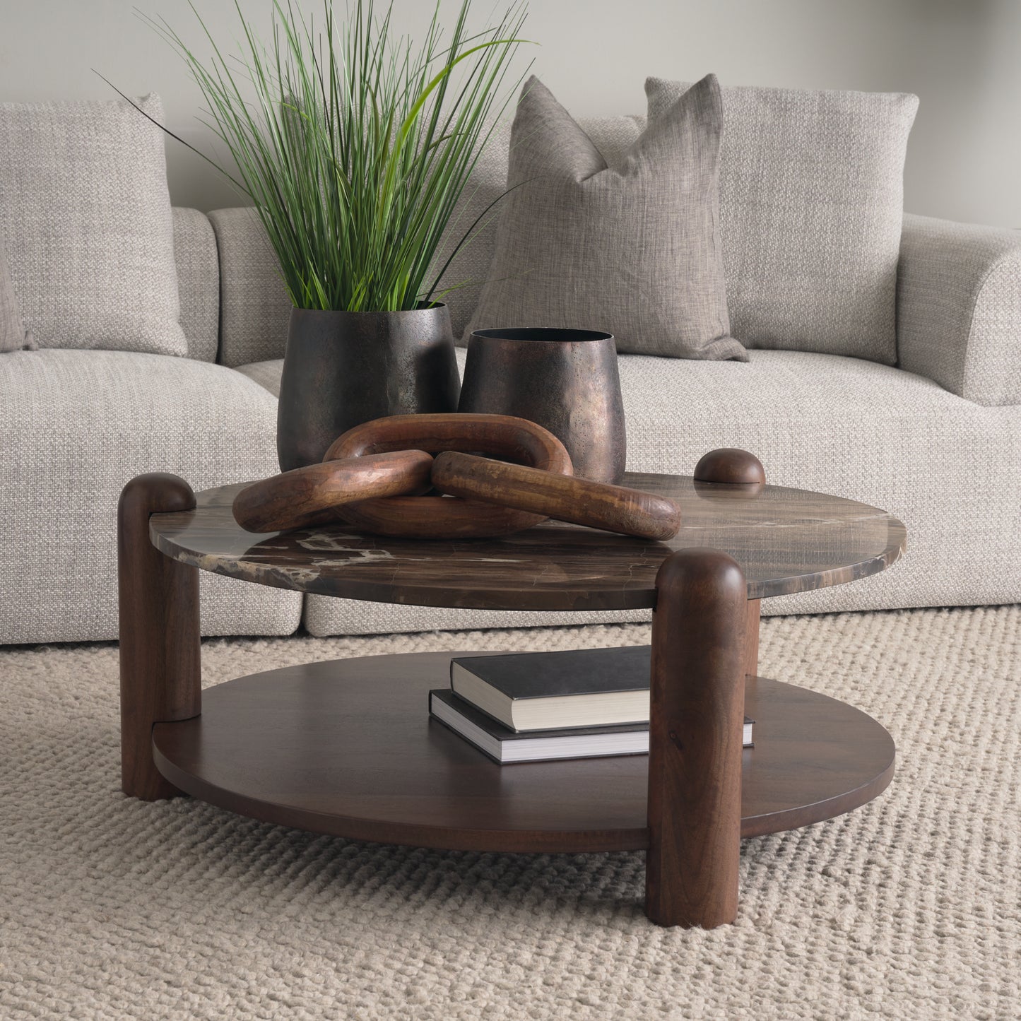 Jovia Brown Mango Wood Coffee Table with Cappuccino Marble Round Top - Elegant and Sophisticated Living Room Accent