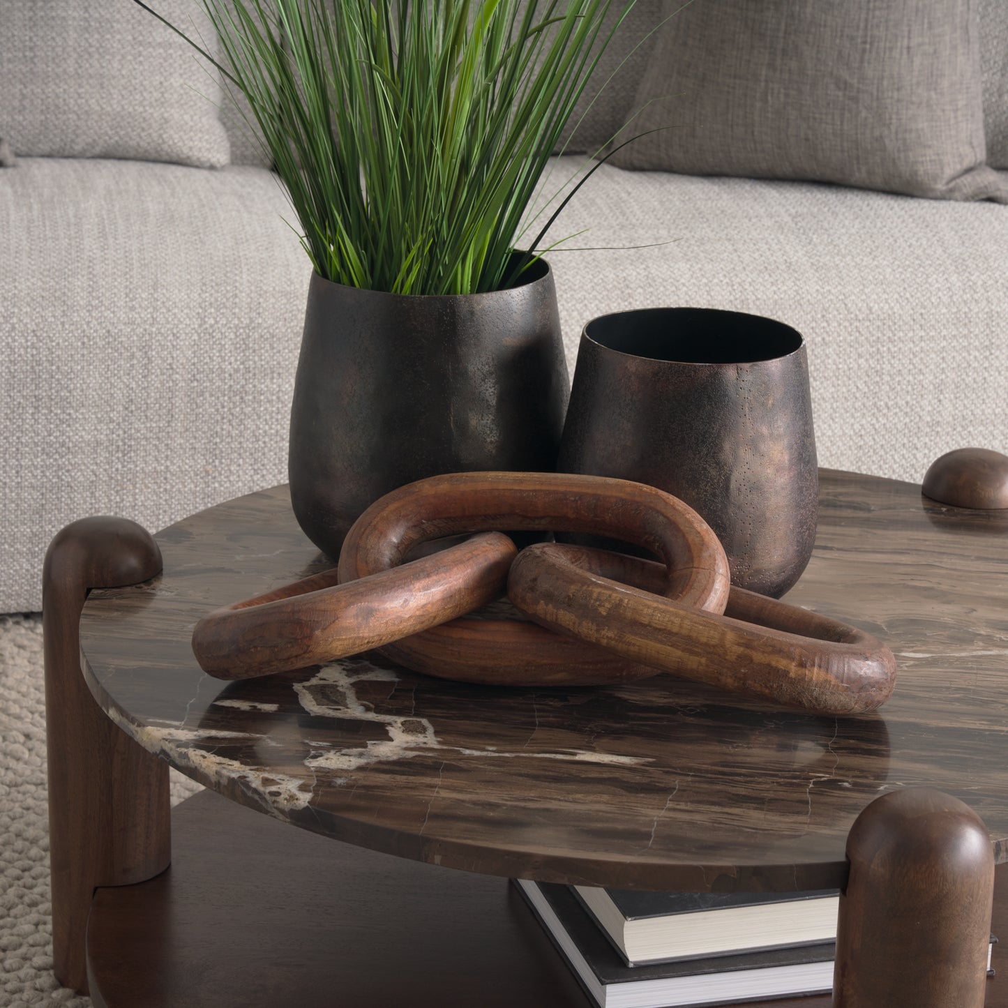 Jovia Brown Mango Wood Coffee Table with Cappuccino Marble Round Top - Elegant and Sophisticated Living Room Accent